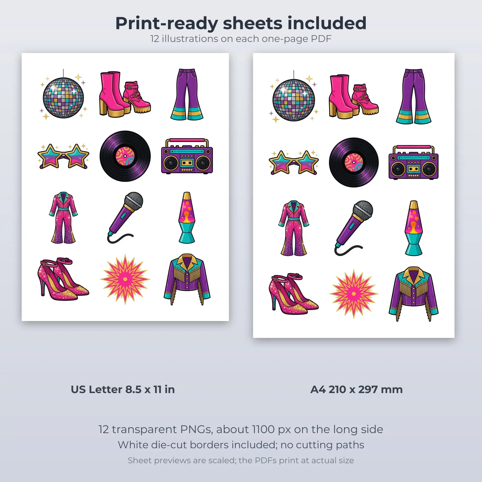 Printable 70s Disco Dance Floor Sticker Pack, Cartoon Style - 12 PNG, preview 2 of 2