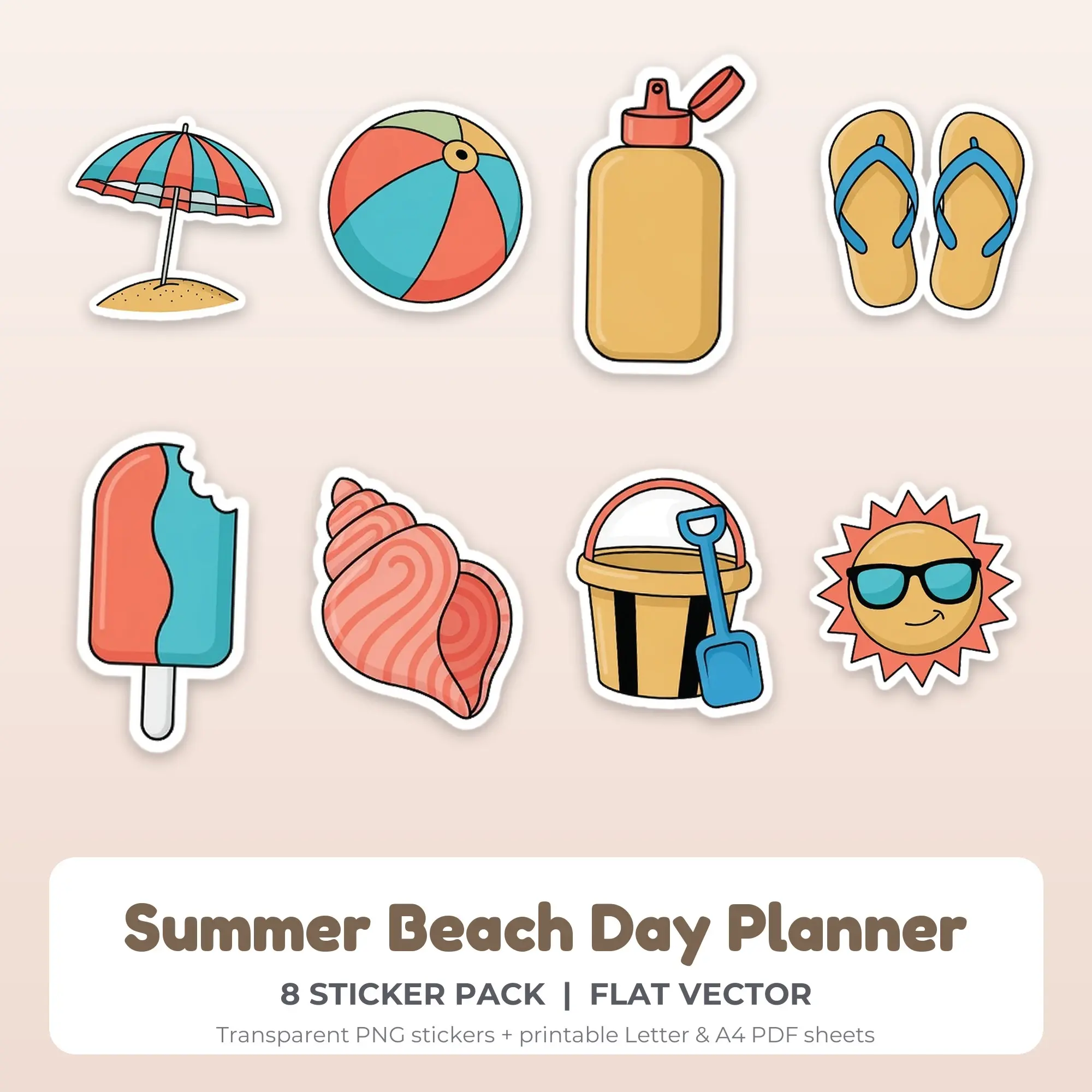 Summer Beach Day Planner Printable Stickers - 8 Die-Cut PNG + PDF, preview 1 of 2