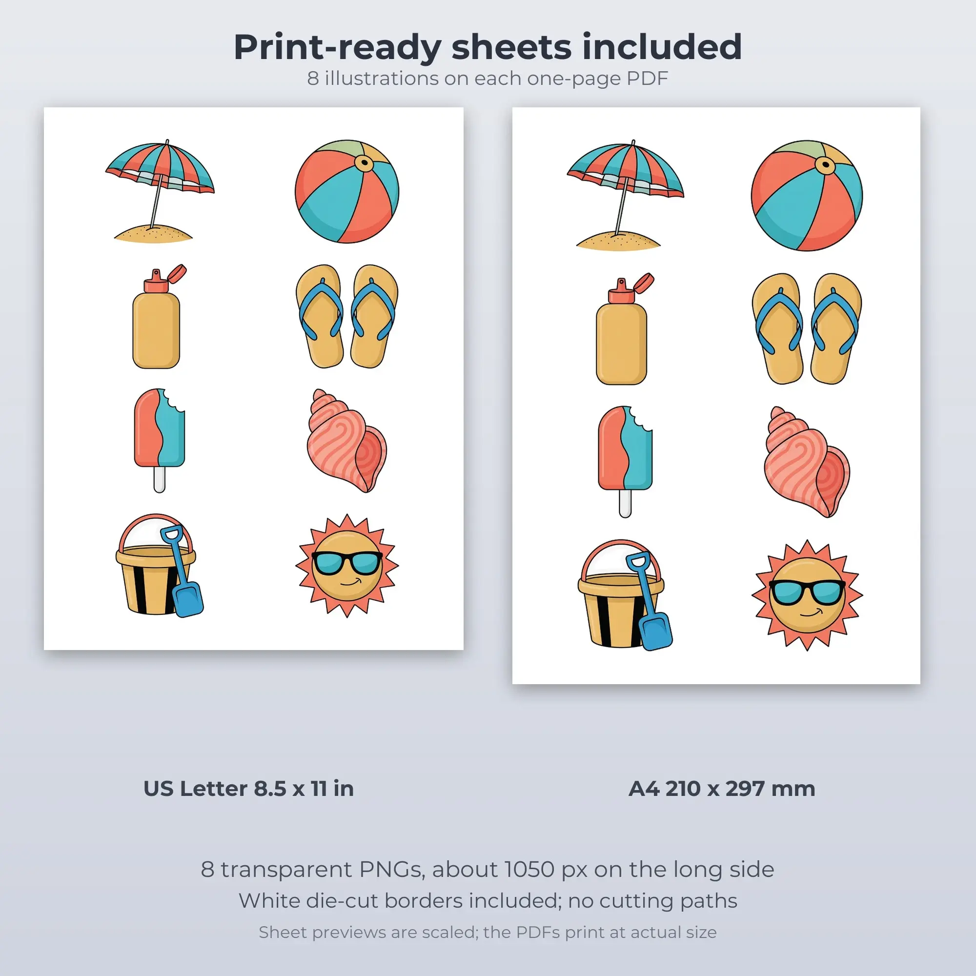 Summer Beach Day Planner Printable Stickers - 8 Die-Cut PNG + PDF, preview 2 of 2