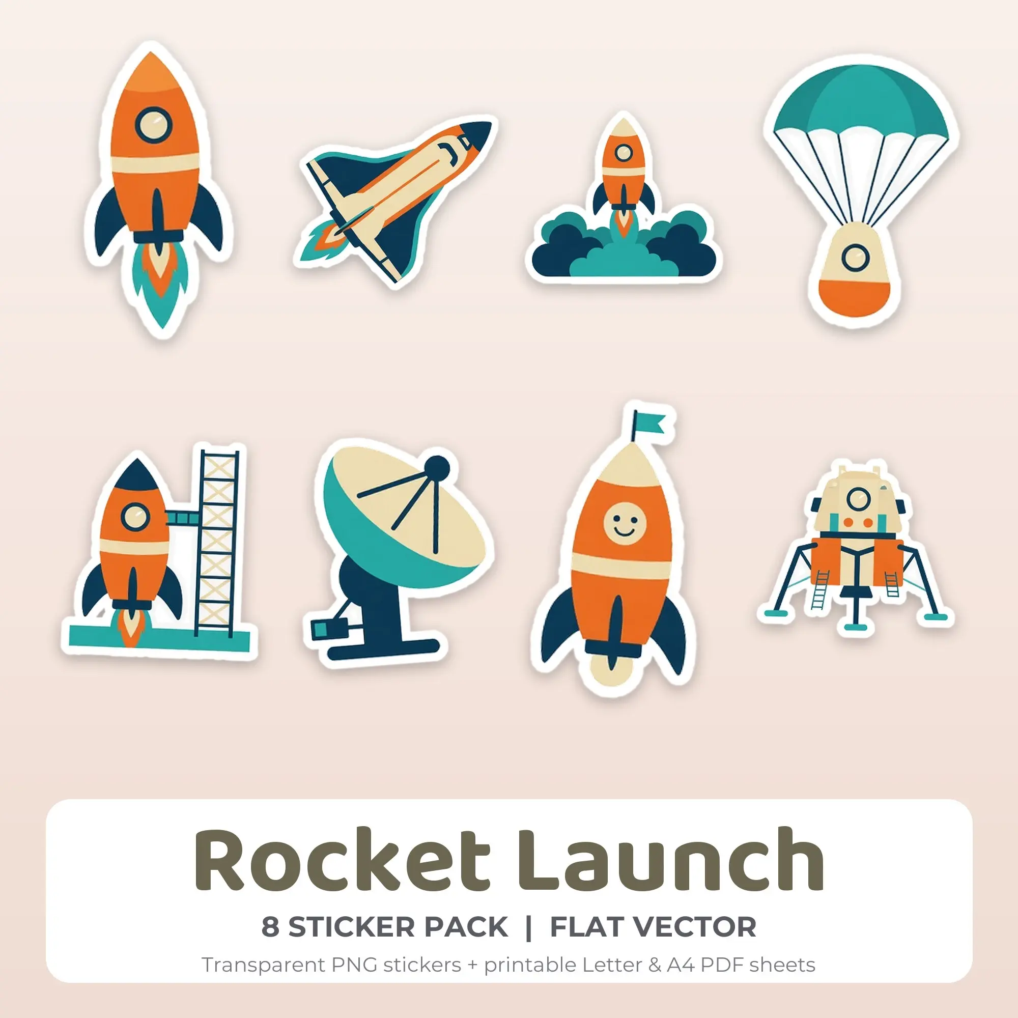 Flat Vector Rocket Launch Sticker Set - 8 Printable PNG preview