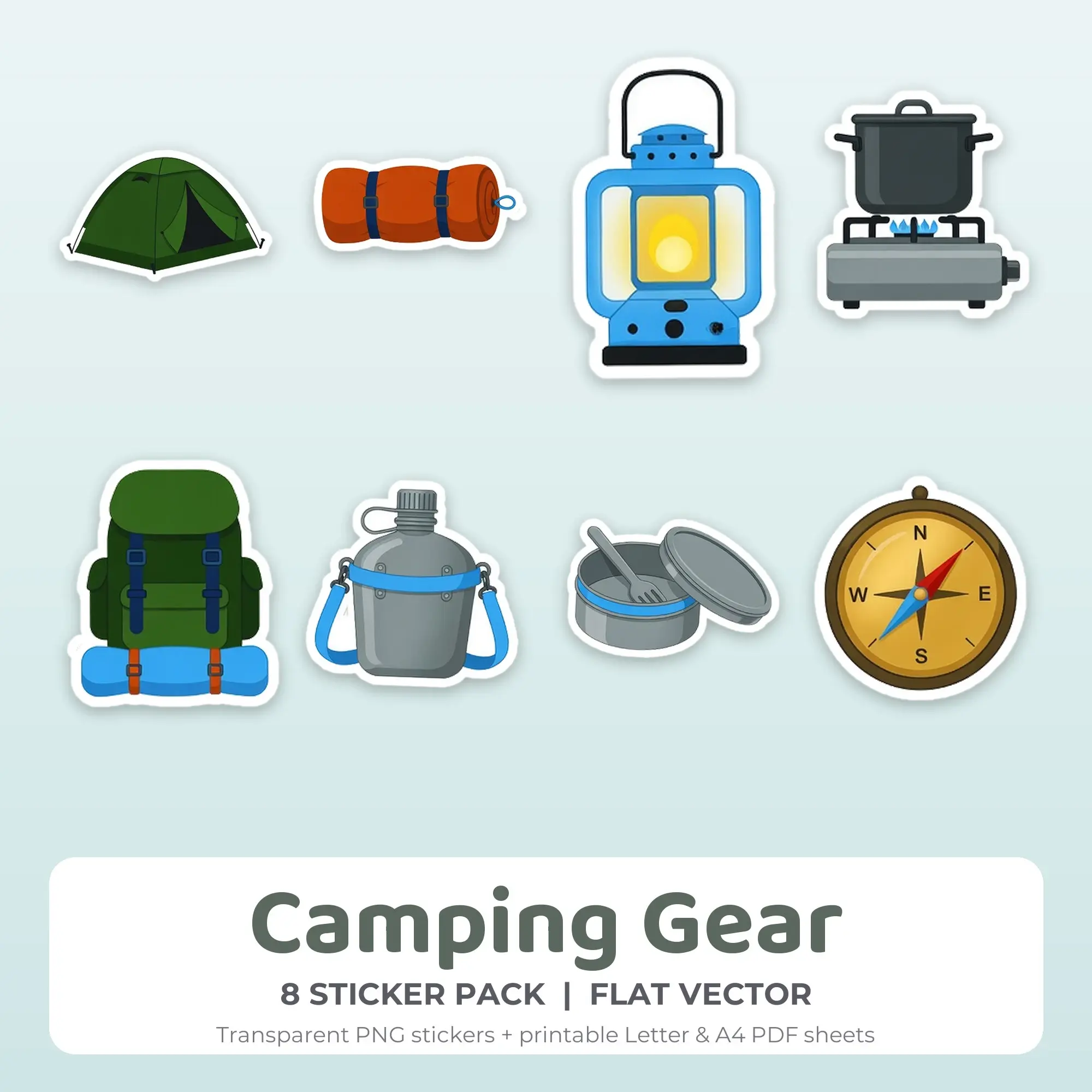 Camping Gear Stickers, 8 PNG + Printable PDF Sheet, preview 1 of 2