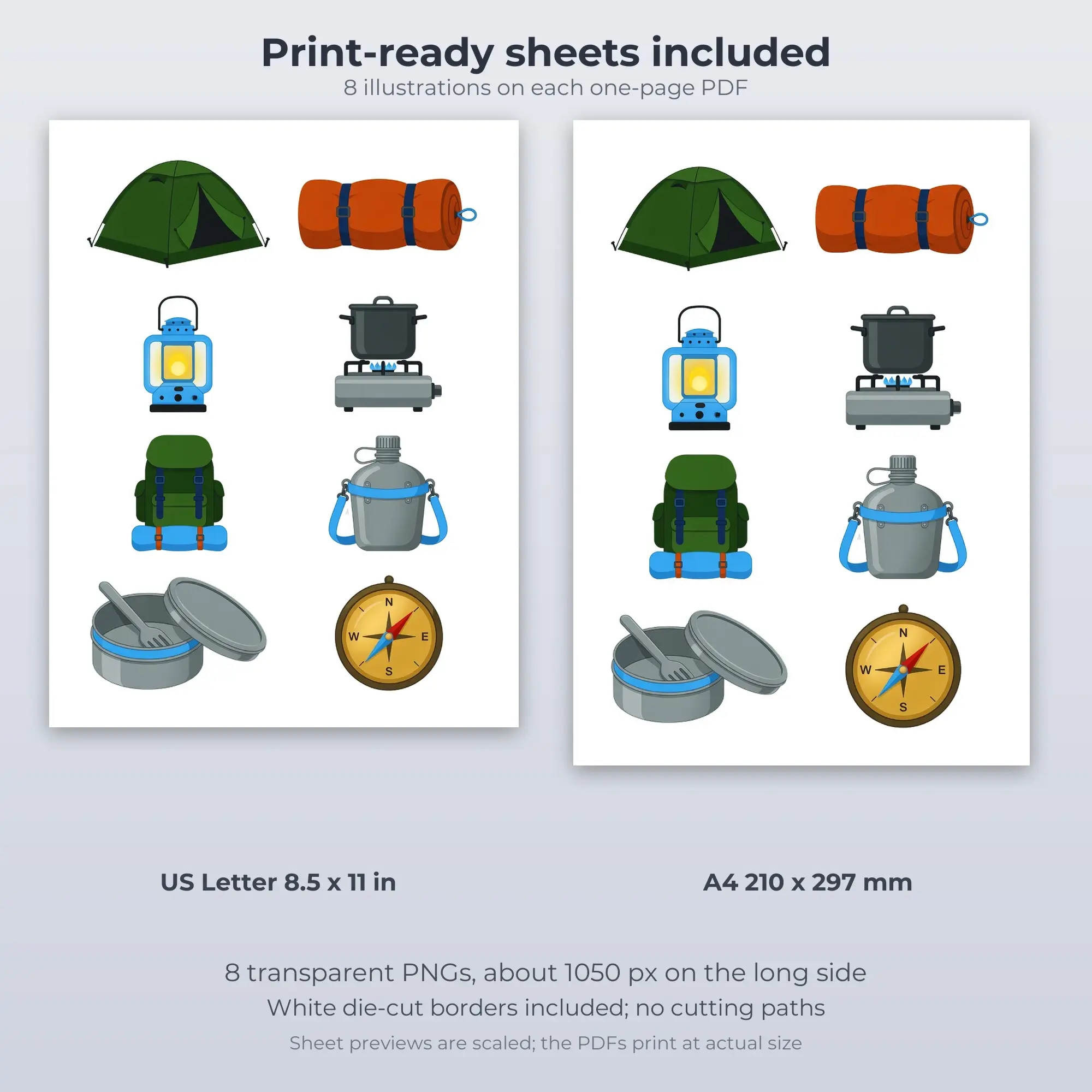 Camping Gear Stickers, 8 PNG + Printable PDF Sheet, preview 2 of 2