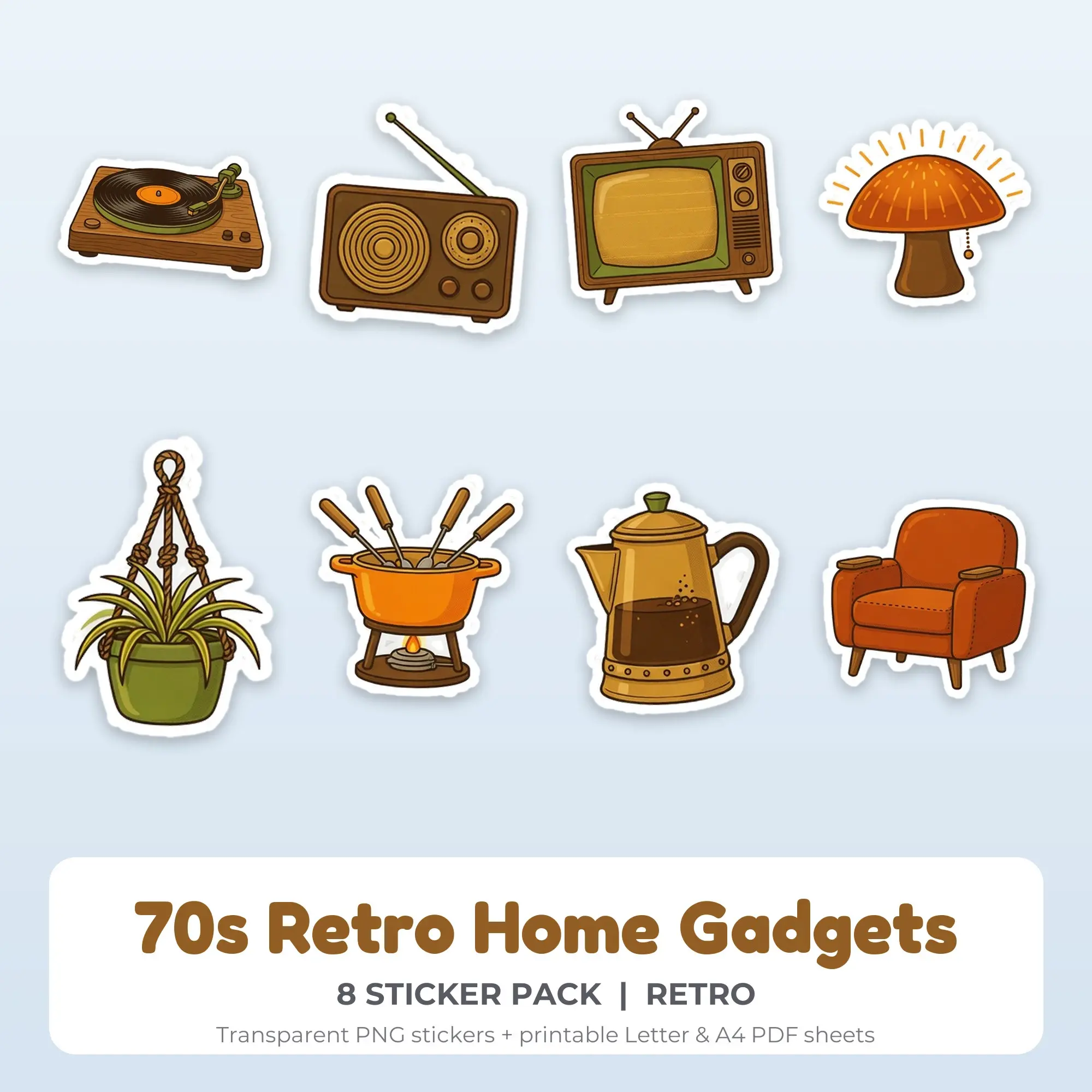 70s Retro Home Gadgets Stickers, 8 PNG + Printable PDF Sheet preview