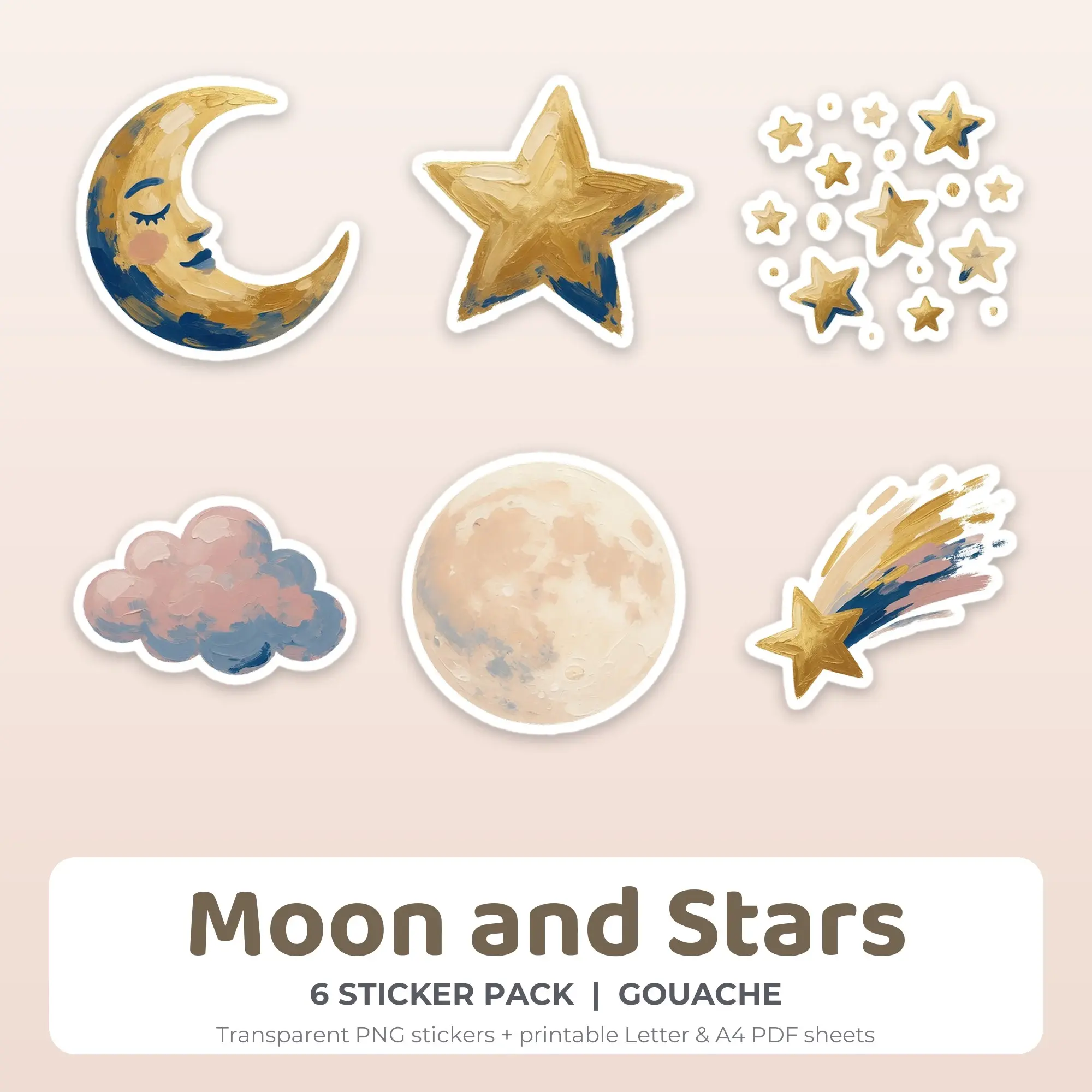 Printable Moon and Stars Sticker Pack, Gouache Style - 6 PNG preview