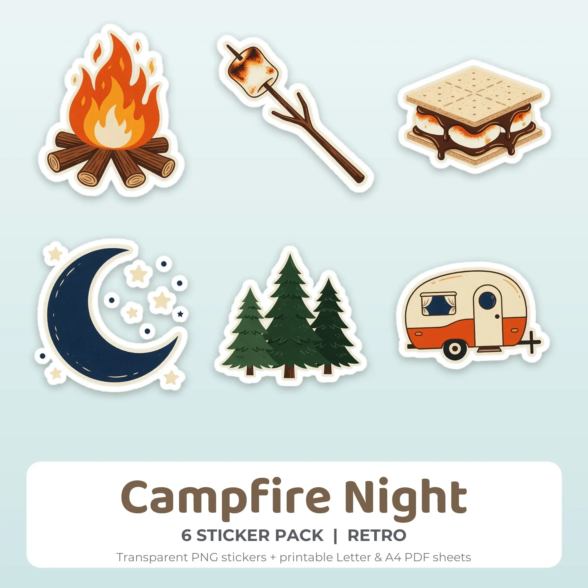Campfire Night Printable Stickers - 6 Die-Cut PNG + PDF preview