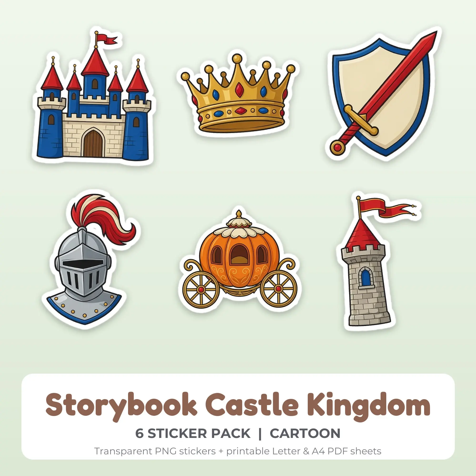 Storybook Castle Kingdom Stickers, 6 PNG + Printable PDF Sheet preview