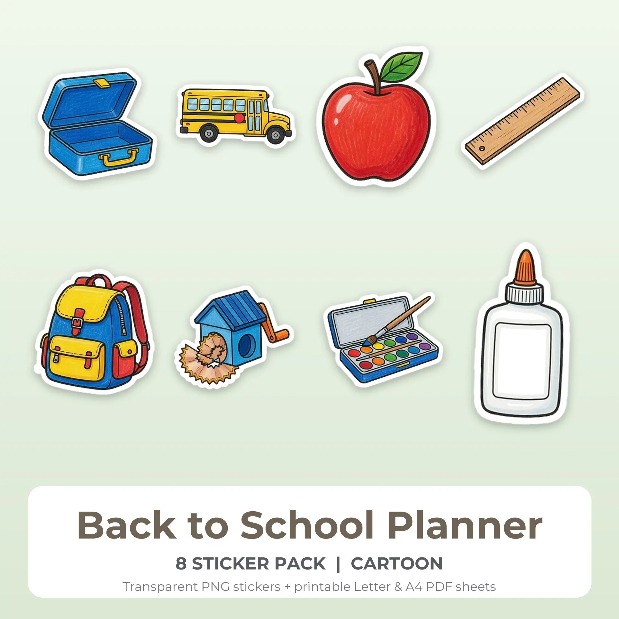 Printable Back to School Planner Sticker Pack, Cartoon Style - 8 PNG preview