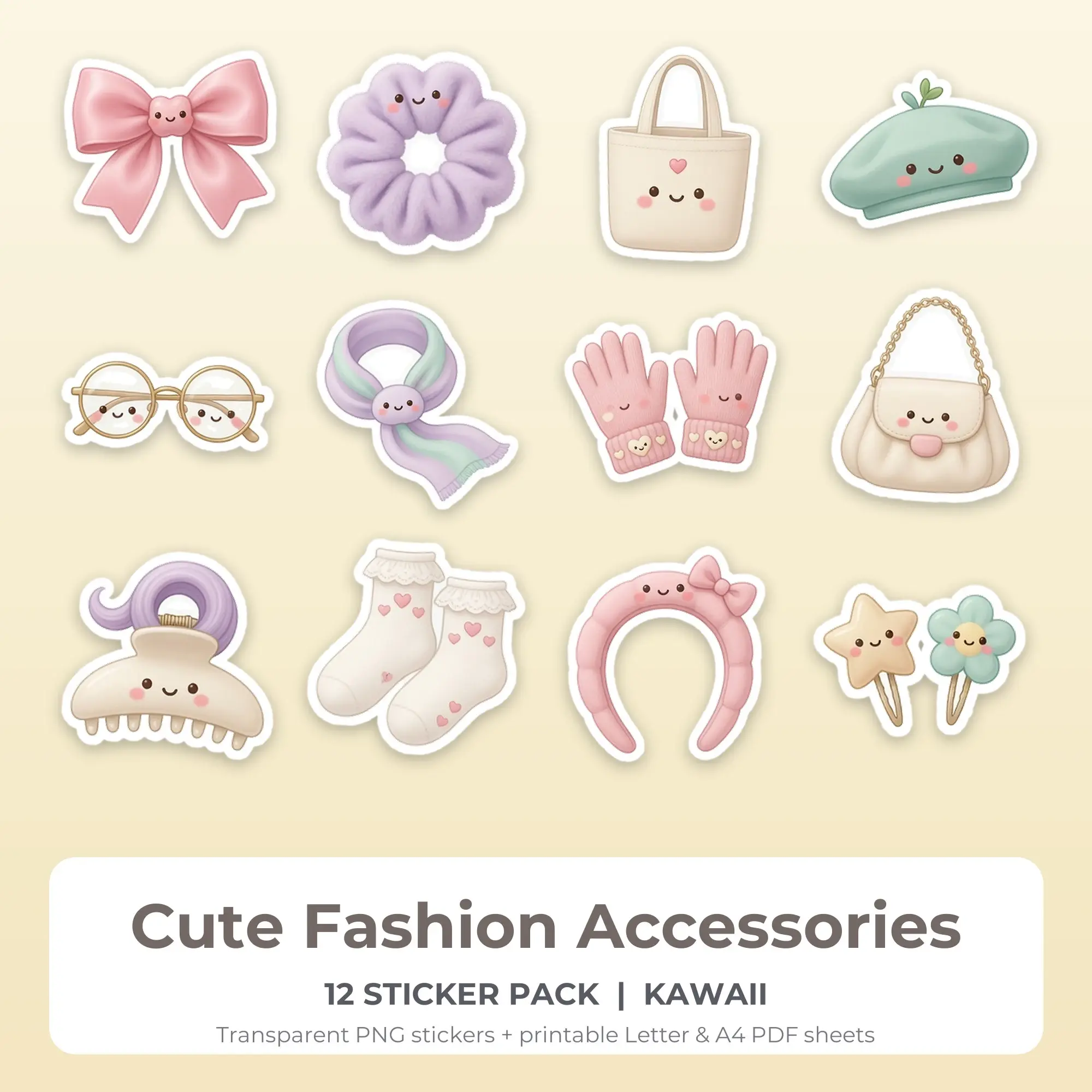 Printable Cute Fashion Accessories Sticker Pack, Kawaii Style - 12 PNG preview