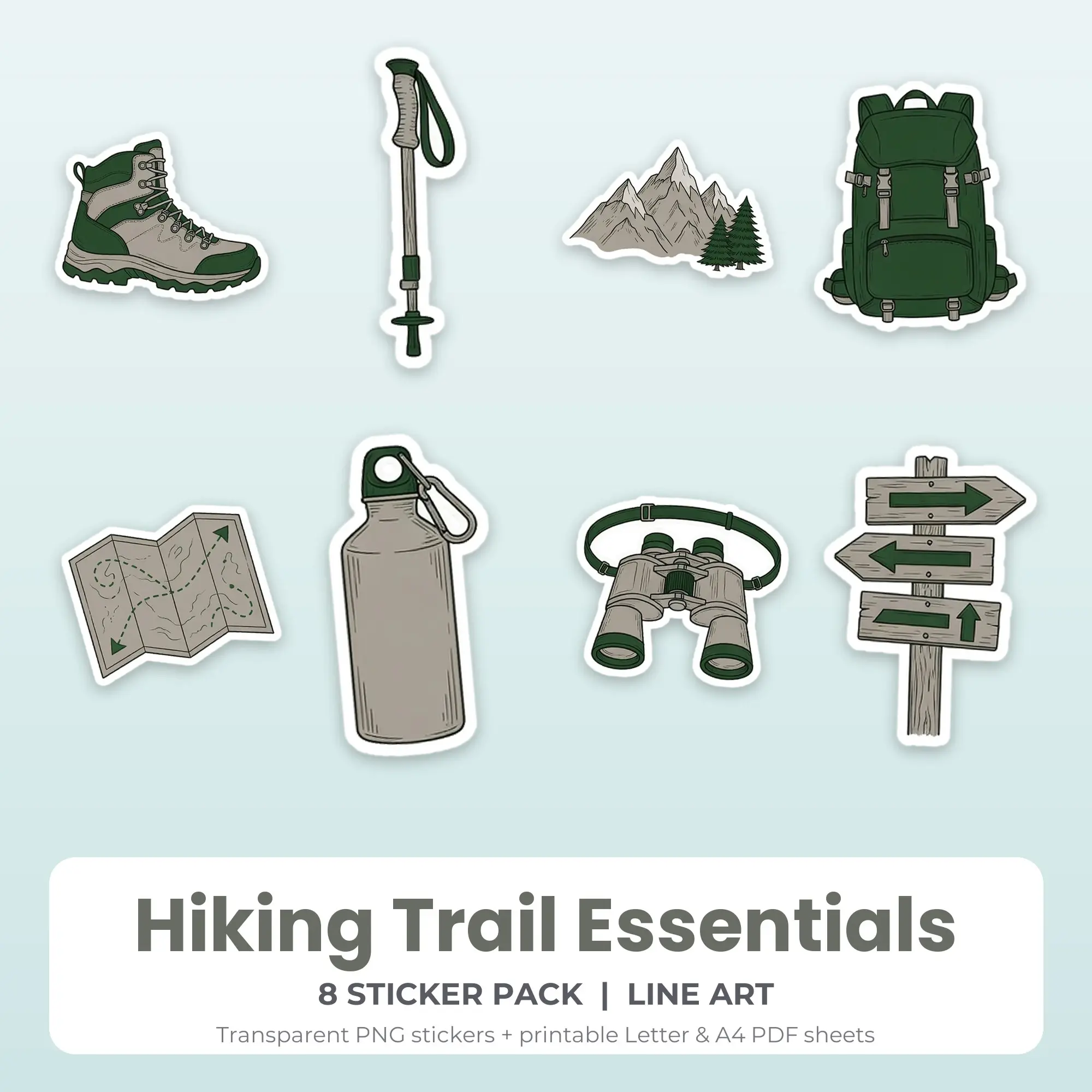 Printable Hiking Trail Essentials Sticker Pack, Line Art Style - 8 PNG preview