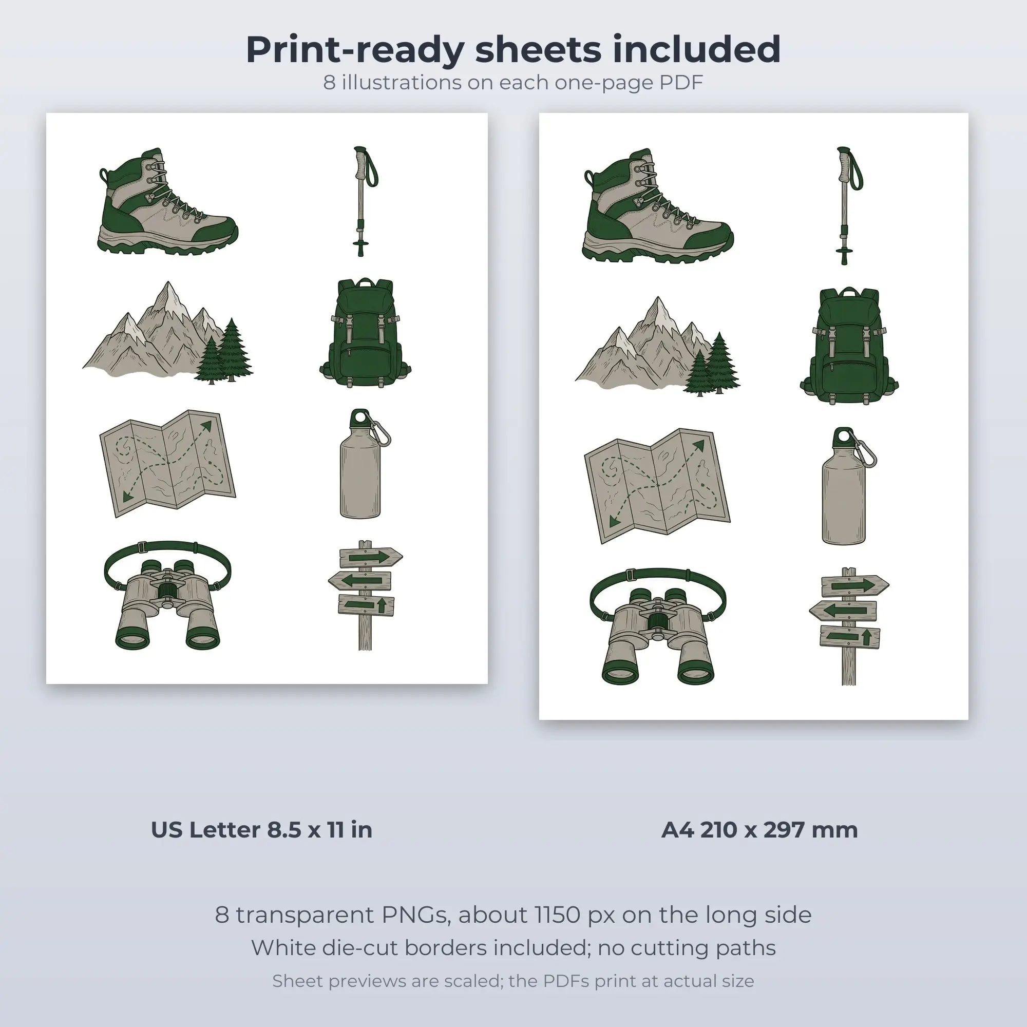Printable Hiking Trail Essentials Sticker Pack, Line Art Style - 8 PNG, preview 2 of 2