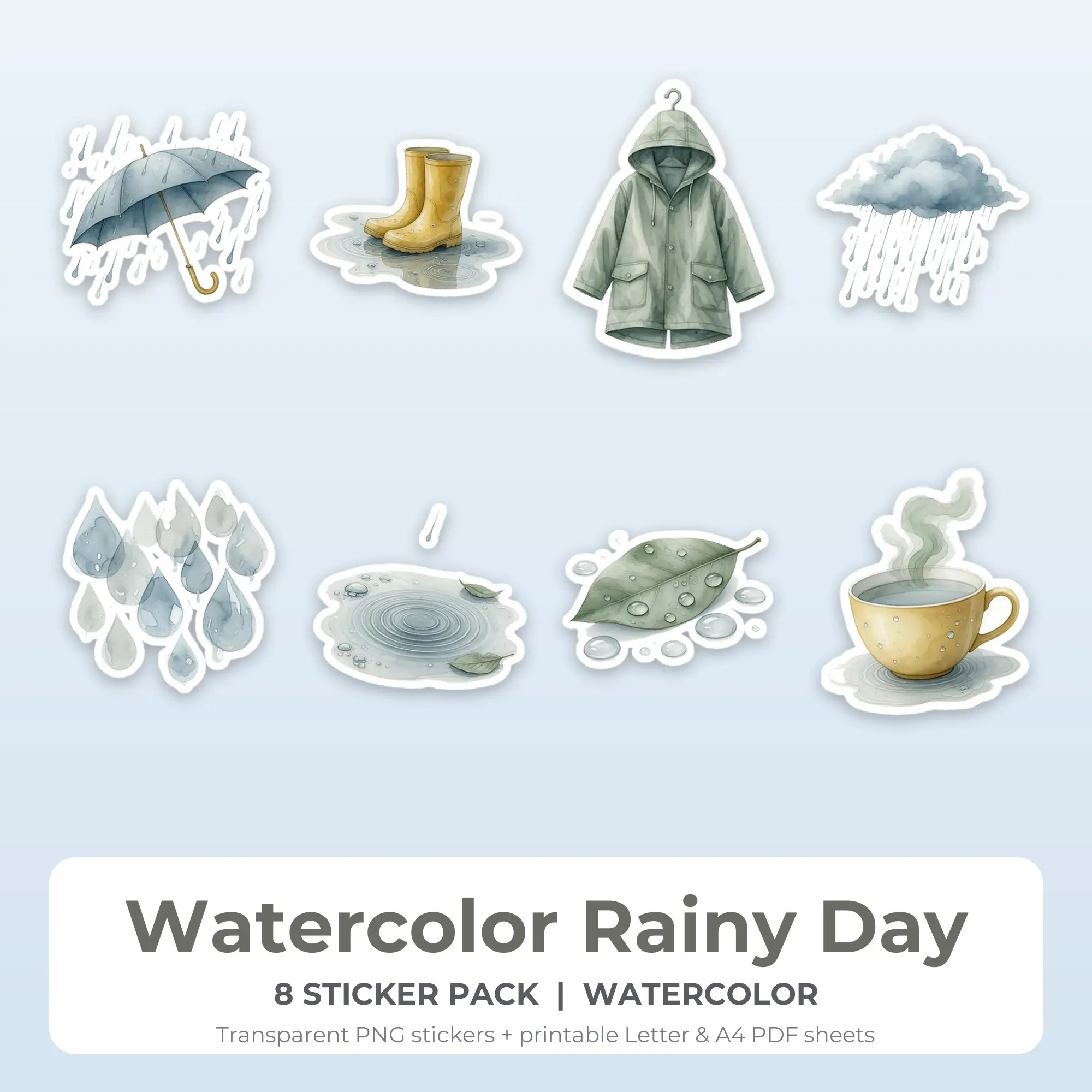 Watercolor Rainy Day Stickers, 8 PNG + Printable PDF Sheet preview