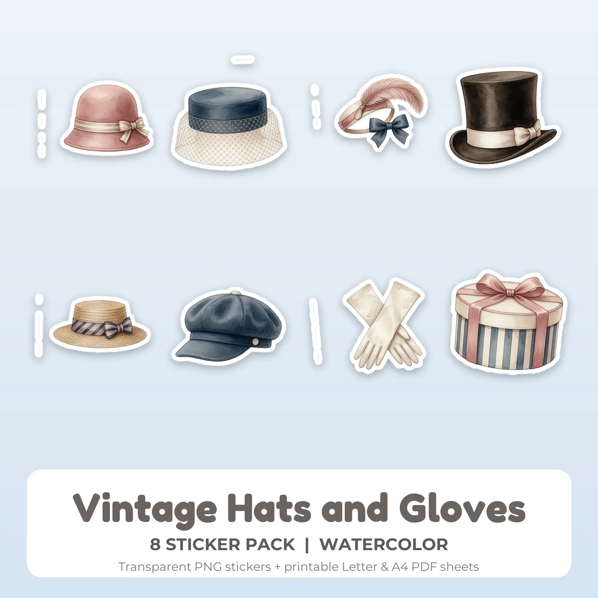 Vintage Hats and Gloves Stickers, 8 PNG + Printable PDF Sheet preview