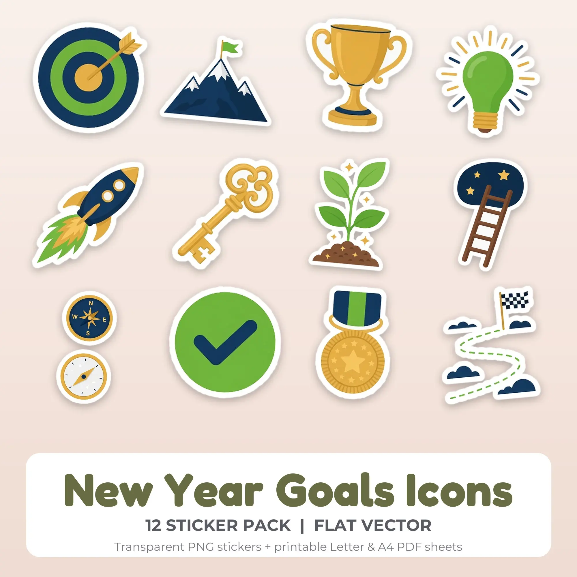 New Year Goals Icons Sticker Pack - 12 Printable Stickers preview