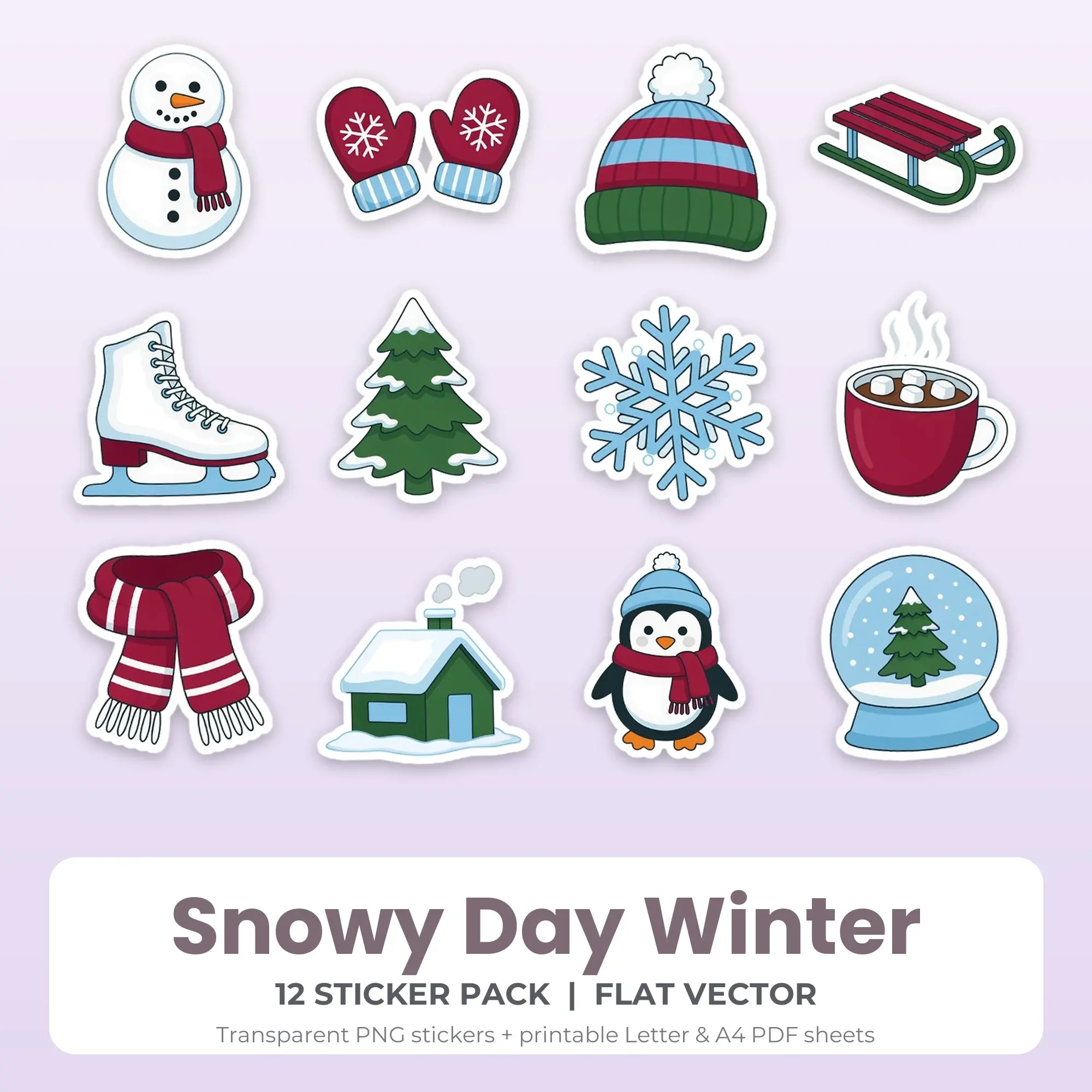 Snowy Day Winter Printable Stickers - 12 Die-Cut PNG + PDF preview