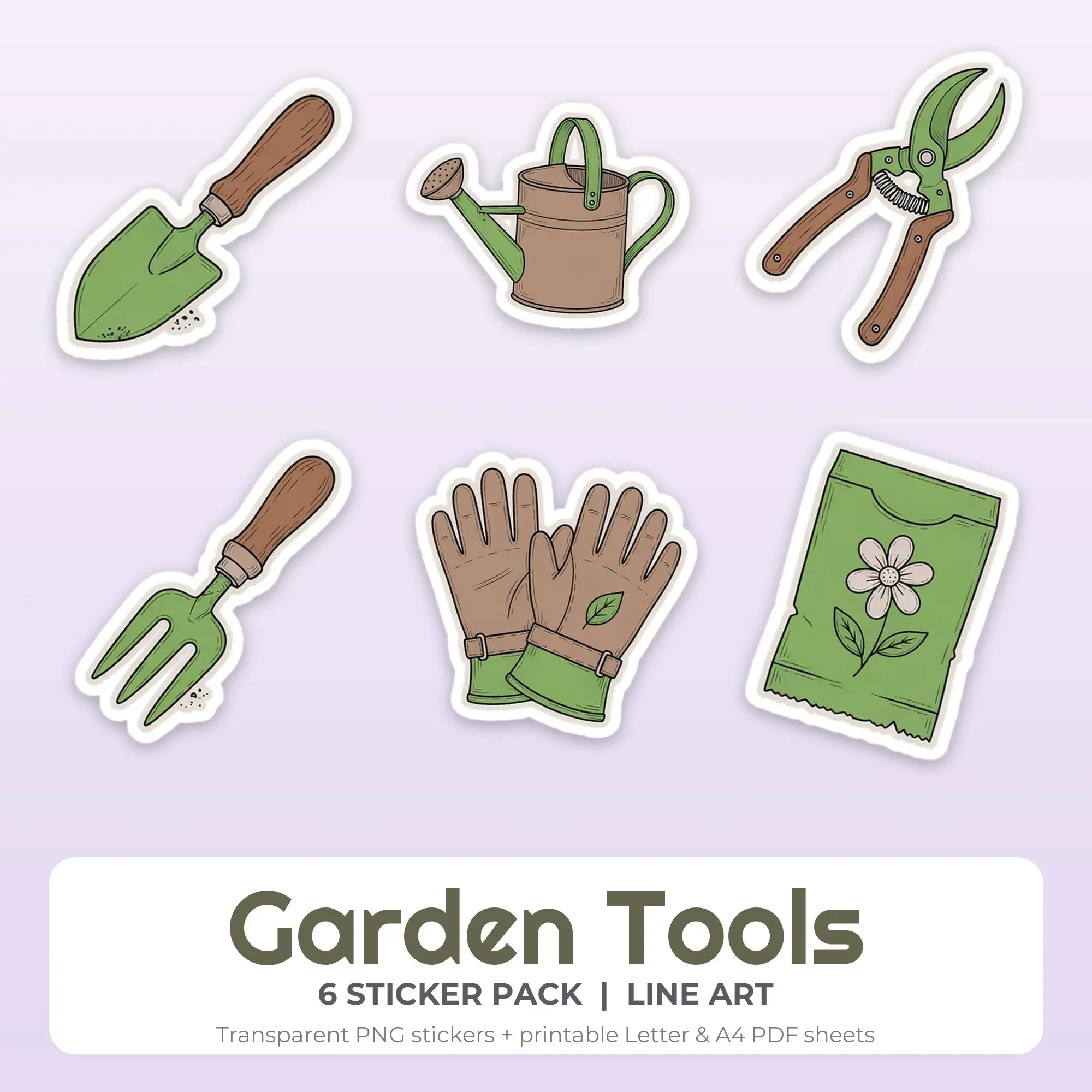 Line Art Garden Tools Sticker Set - 6 Printable PNG preview