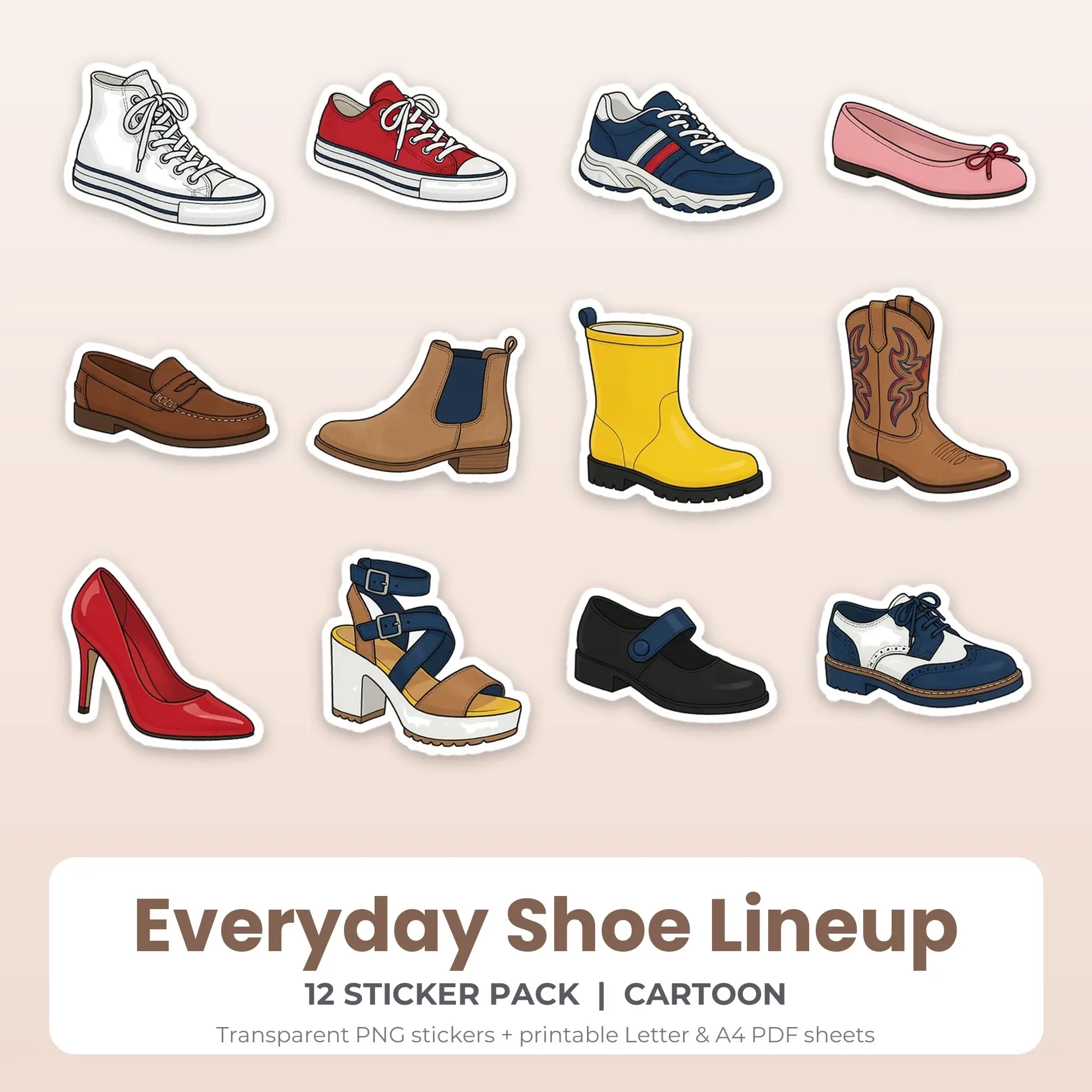 Everyday Shoe Lineup Printable Stickers - 12 Die-Cut PNG + PDF preview
