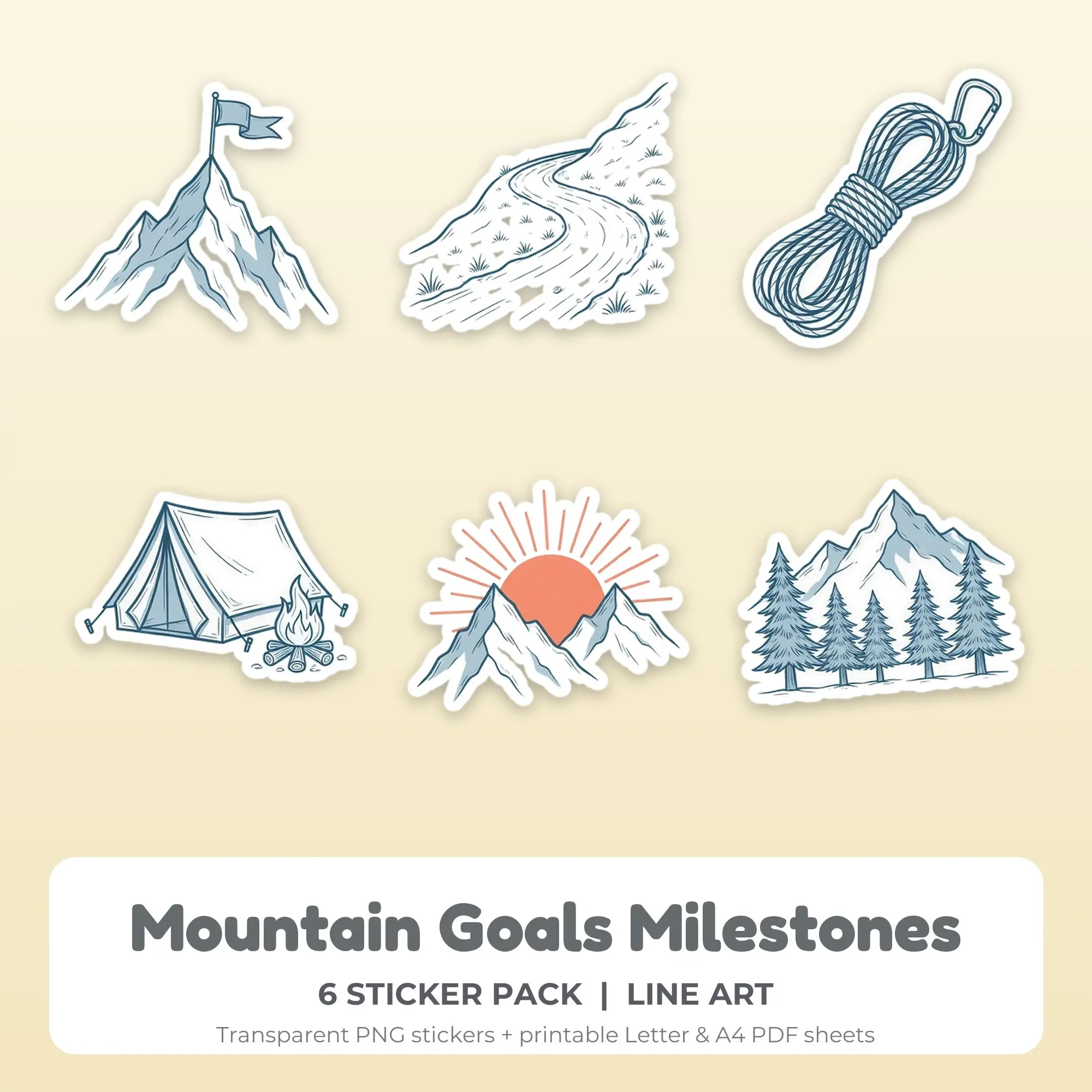 Mountain Goals Milestones Stickers, 6 PNG + Printable PDF Sheet preview