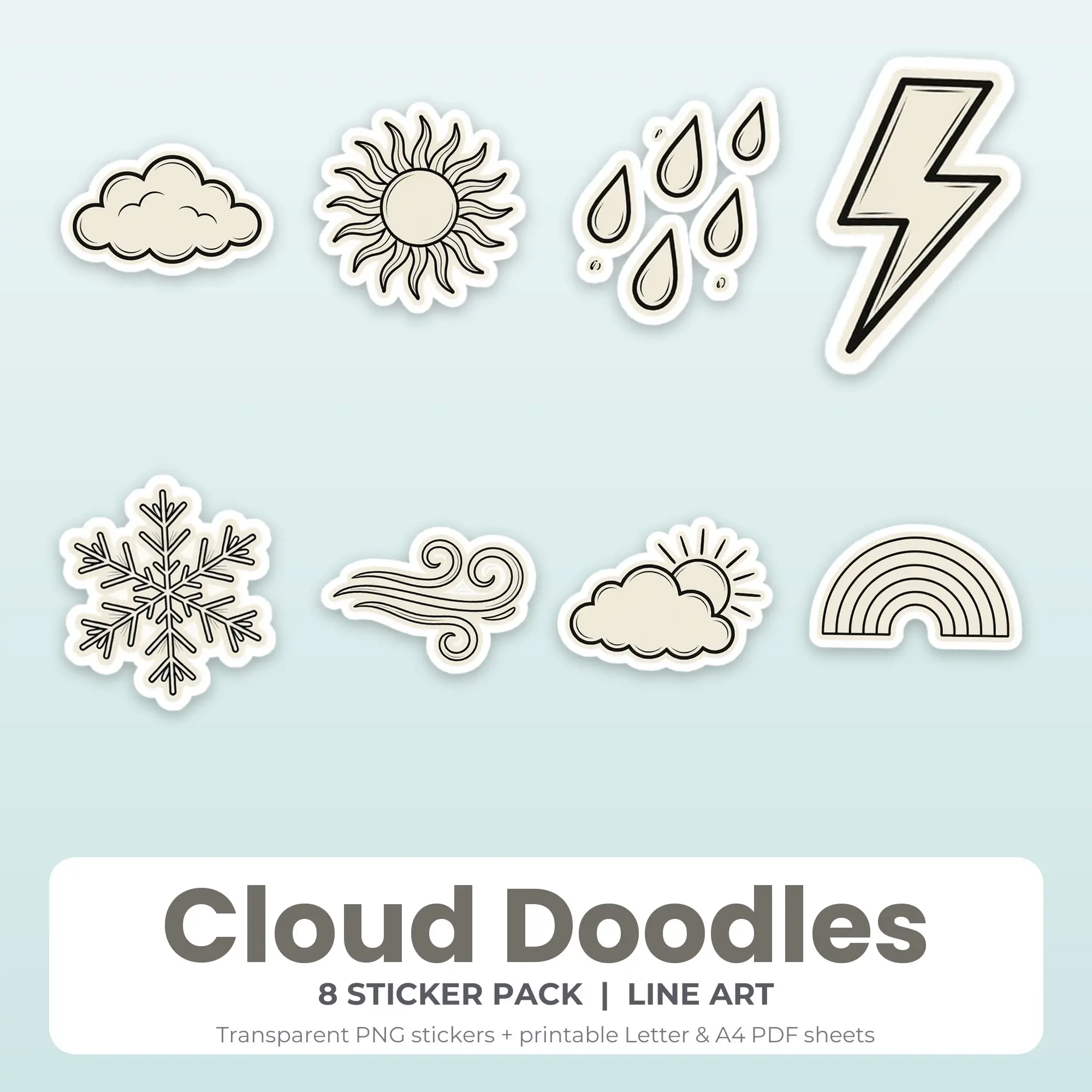 Cloud Doodles Printable Stickers - 8 Die-Cut PNG + PDF, preview 1 of 2