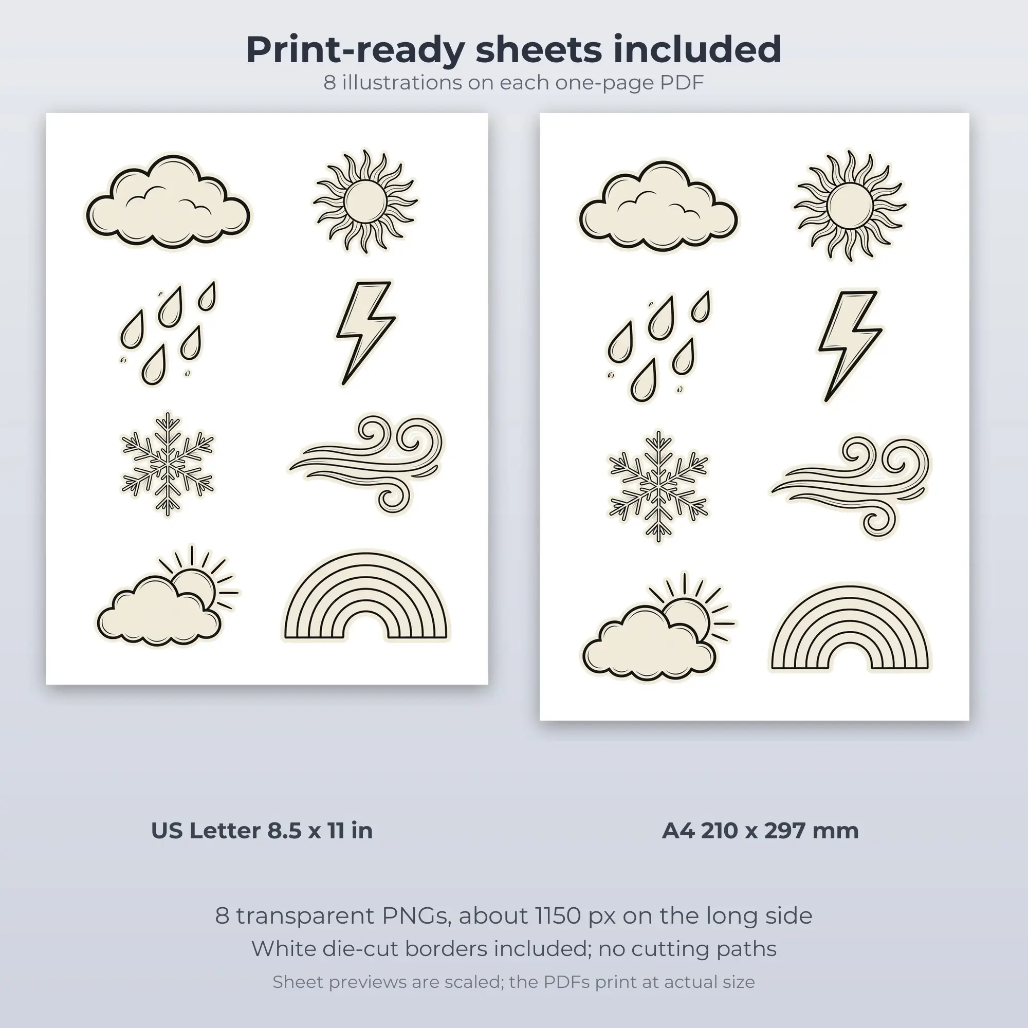 Cloud Doodles Printable Stickers - 8 Die-Cut PNG + PDF, preview 2 of 2