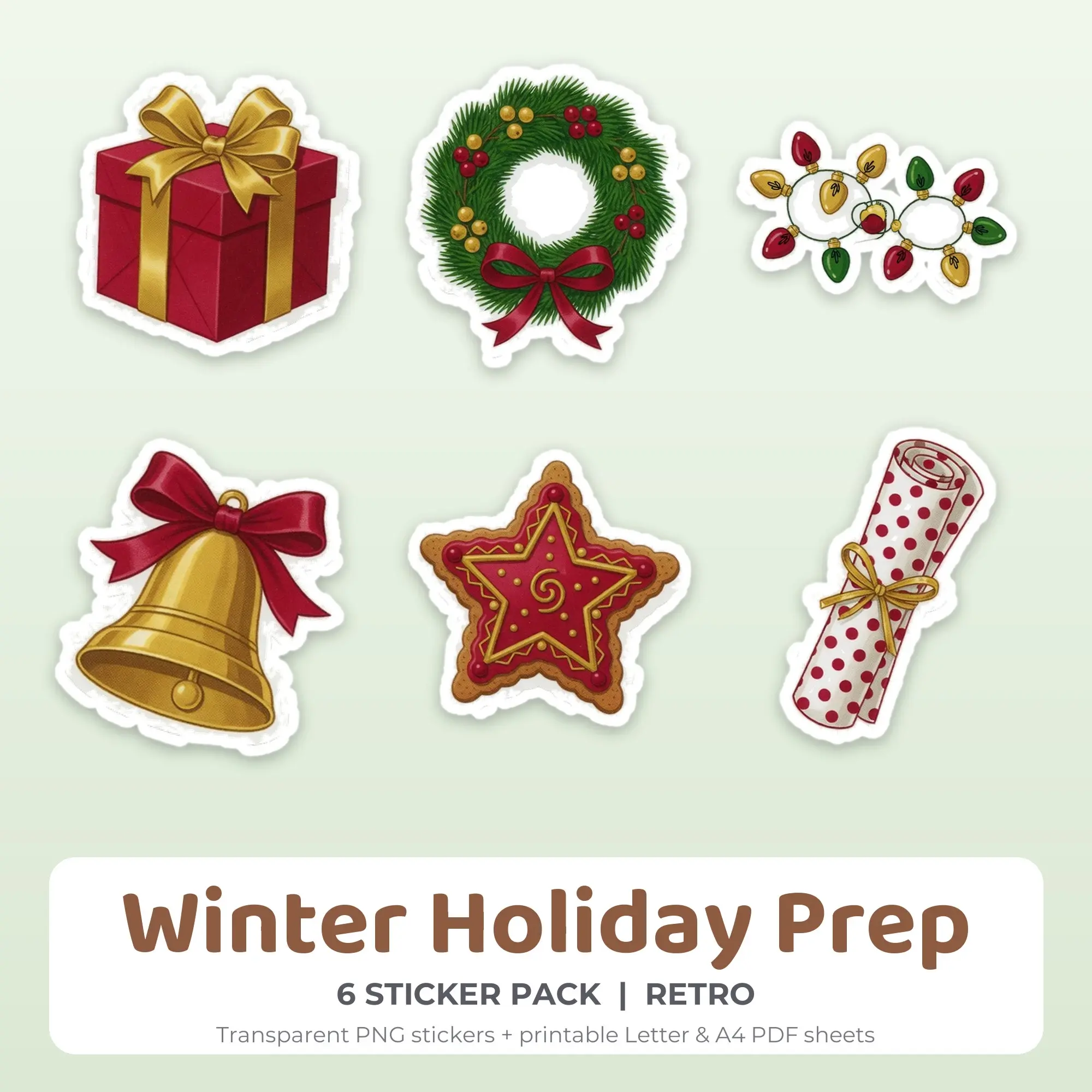 Retro Winter Holiday Prep Sticker Set - 6 Printable PNG preview