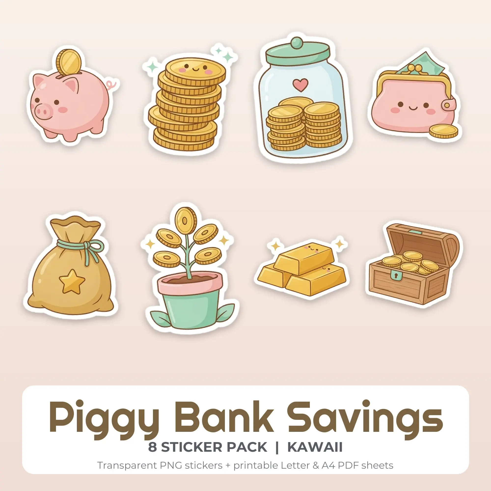 Piggy Bank Savings Printable Stickers - 8 Die-Cut PNG + PDF preview