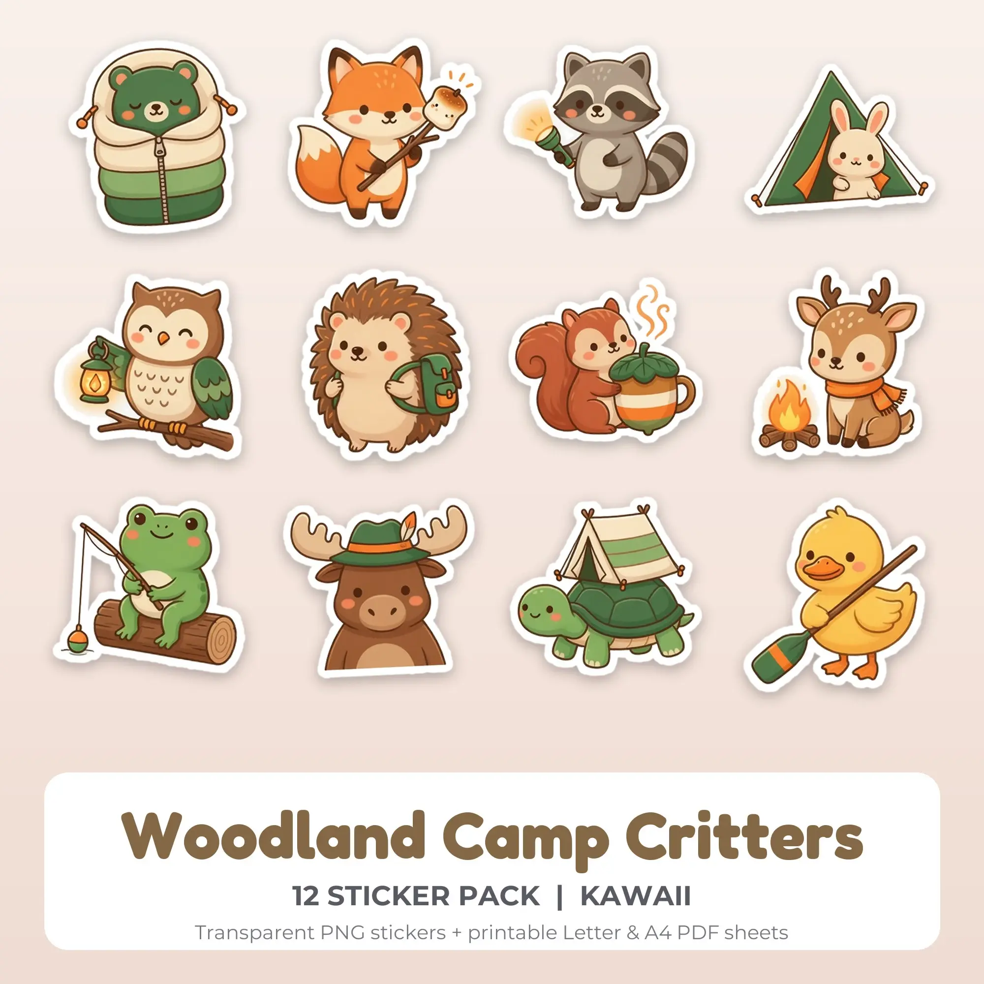 Printable Woodland Camp Critters Sticker Pack, Kawaii Style - 12 PNG preview