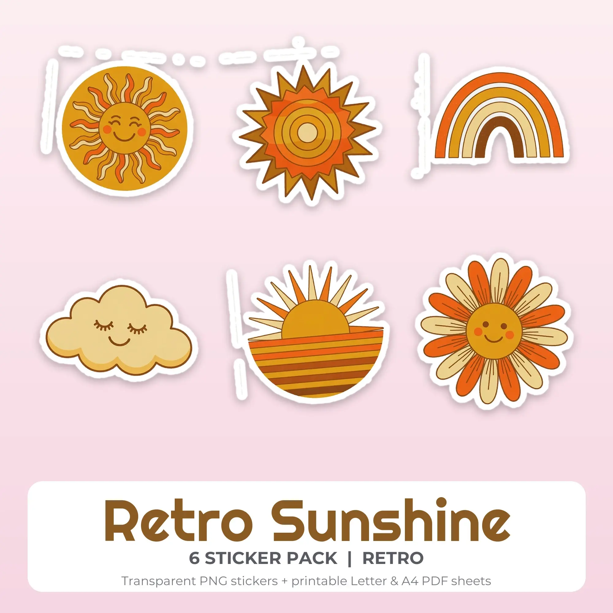 Retro Sunshine Sticker Pack - 6 Printable Stickers preview