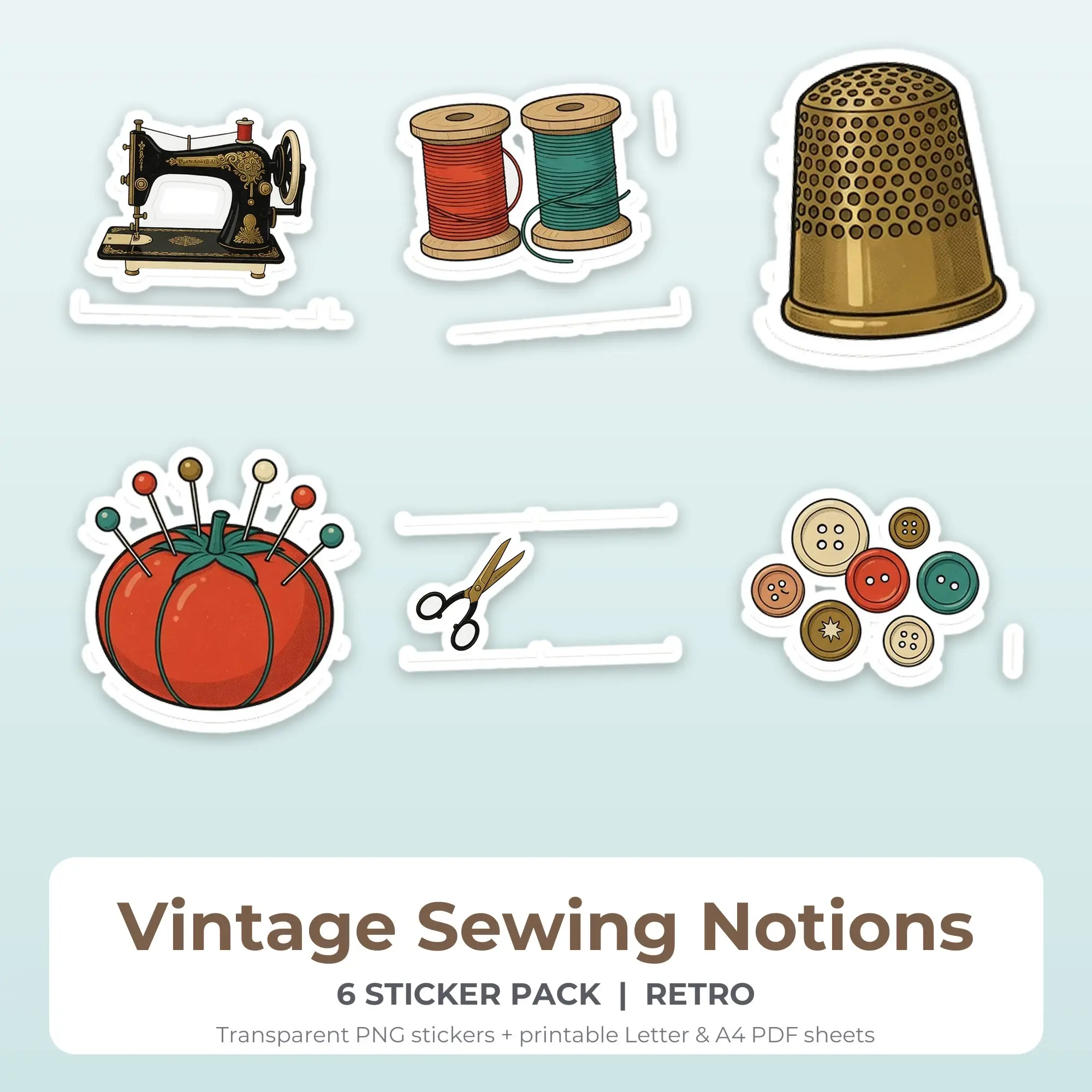 6 Vintage Sewing Notions Stickers - Printable Sticker Sheet PDF preview
