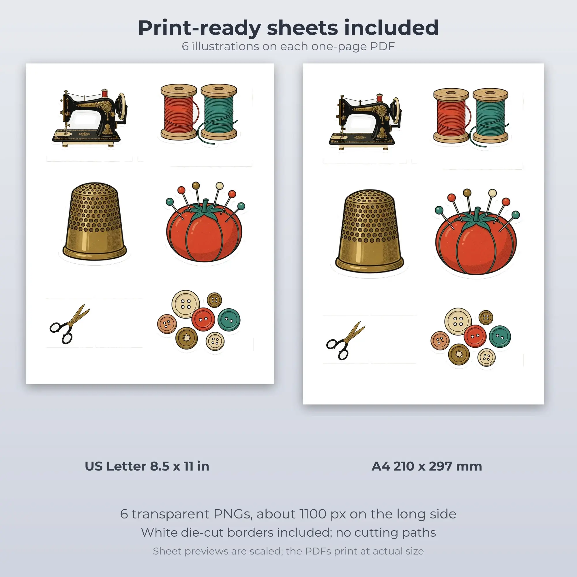 6 Vintage Sewing Notions Stickers - Printable Sticker Sheet PDF, preview 2 of 2