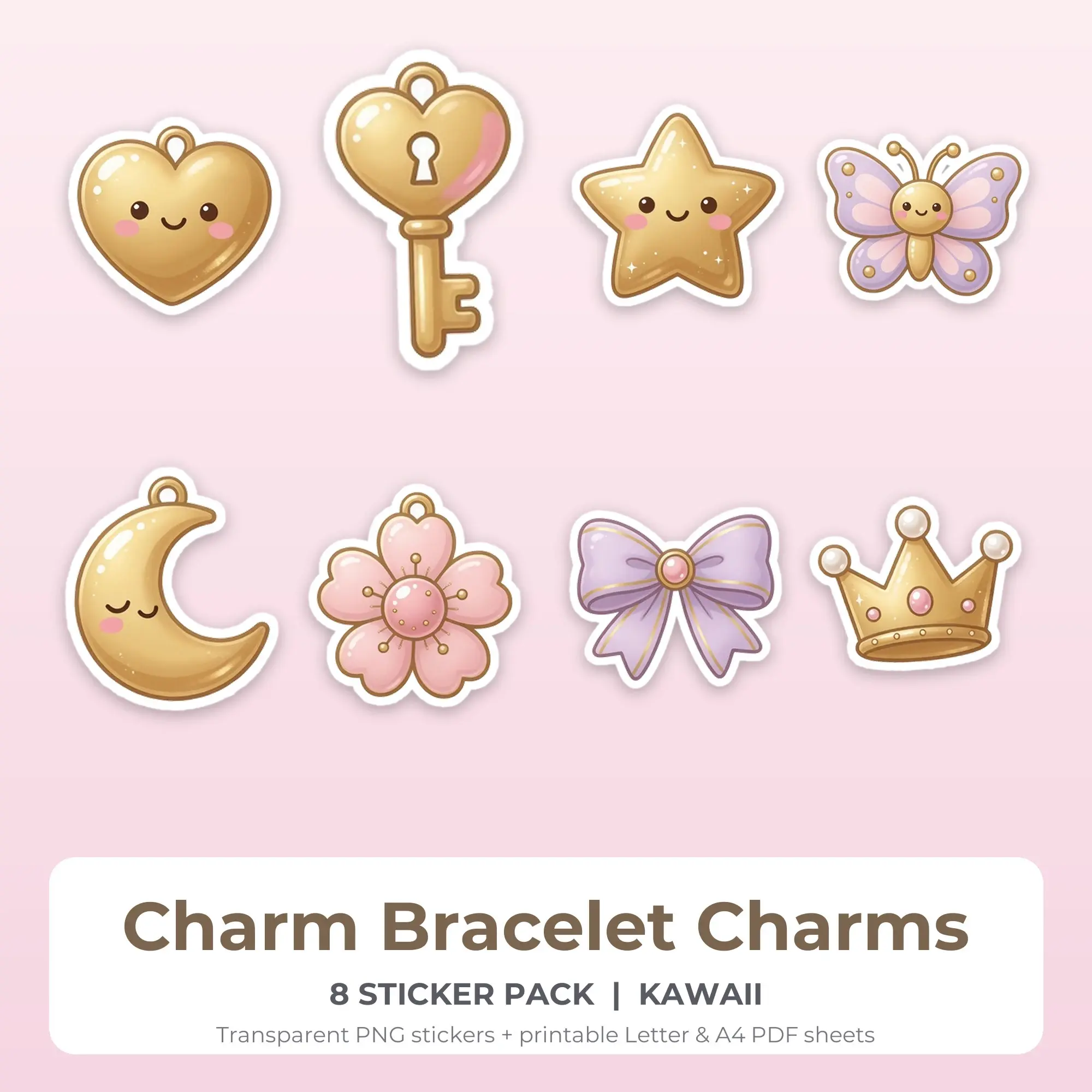 Charm Bracelet Charms Stickers, 8 PNG + Printable PDF Sheet preview
