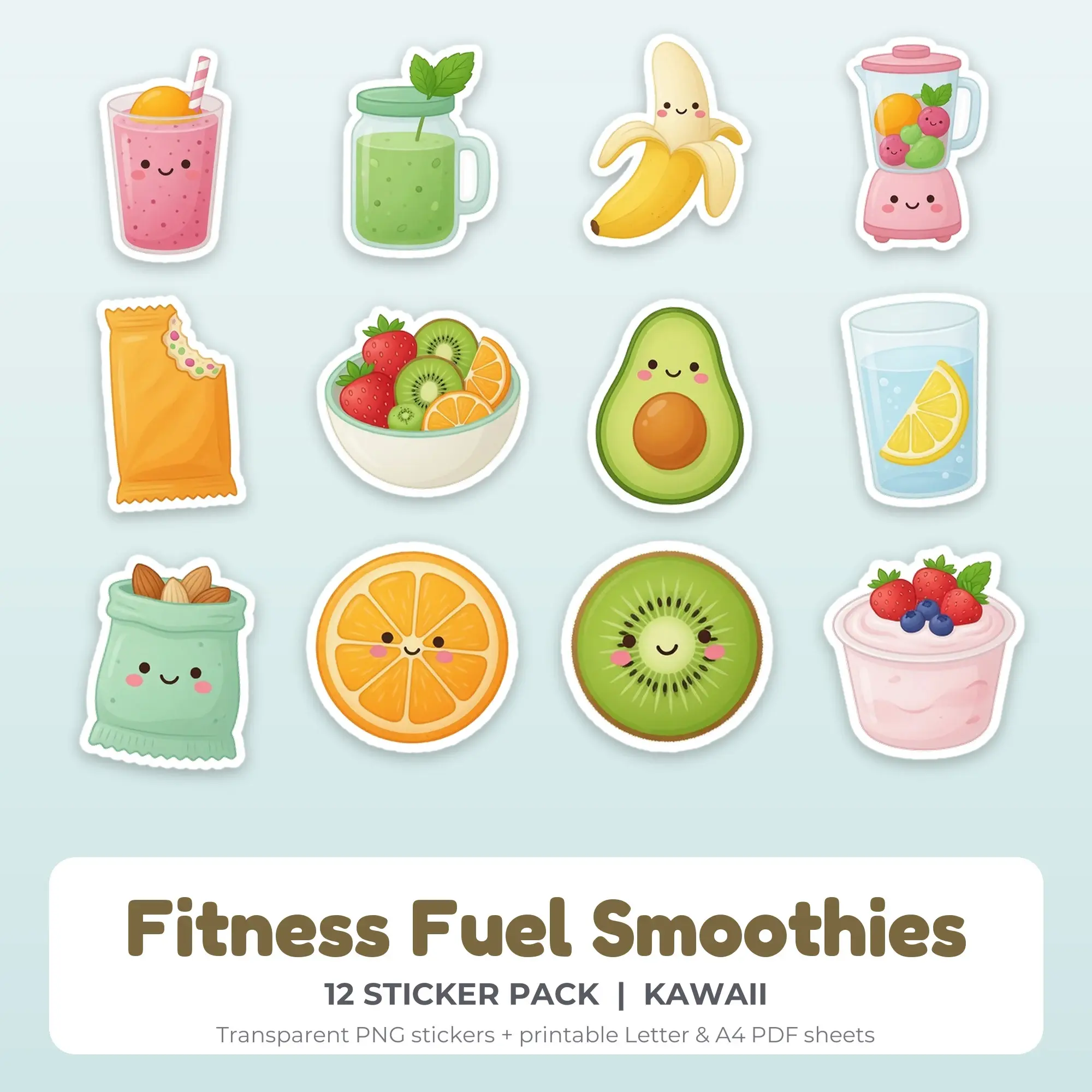 Fitness Fuel Smoothies Stickers, 12 PNG + Printable PDF Sheet preview
