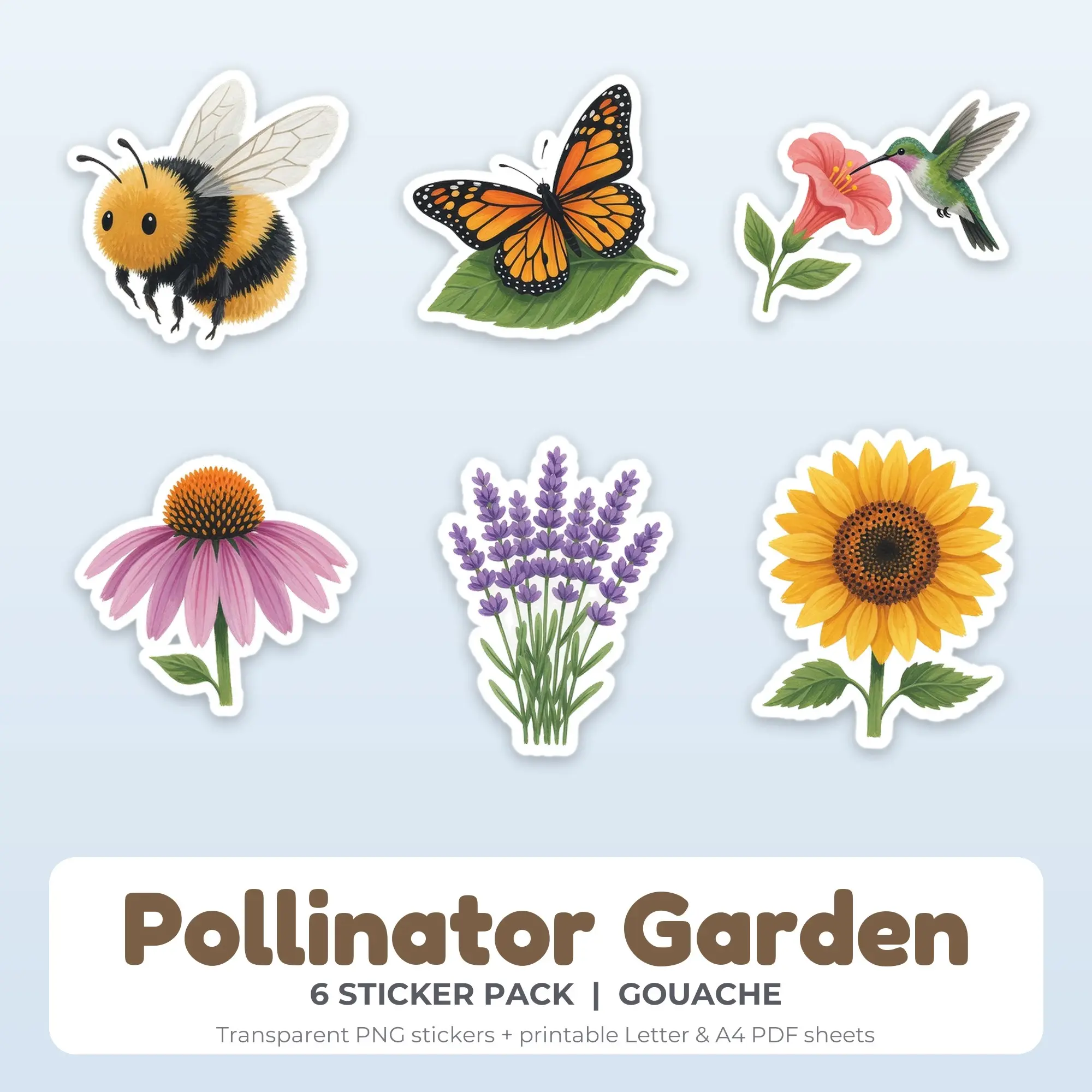 Printable Pollinator Garden Sticker Pack, Gouache Style - 6 PNG preview