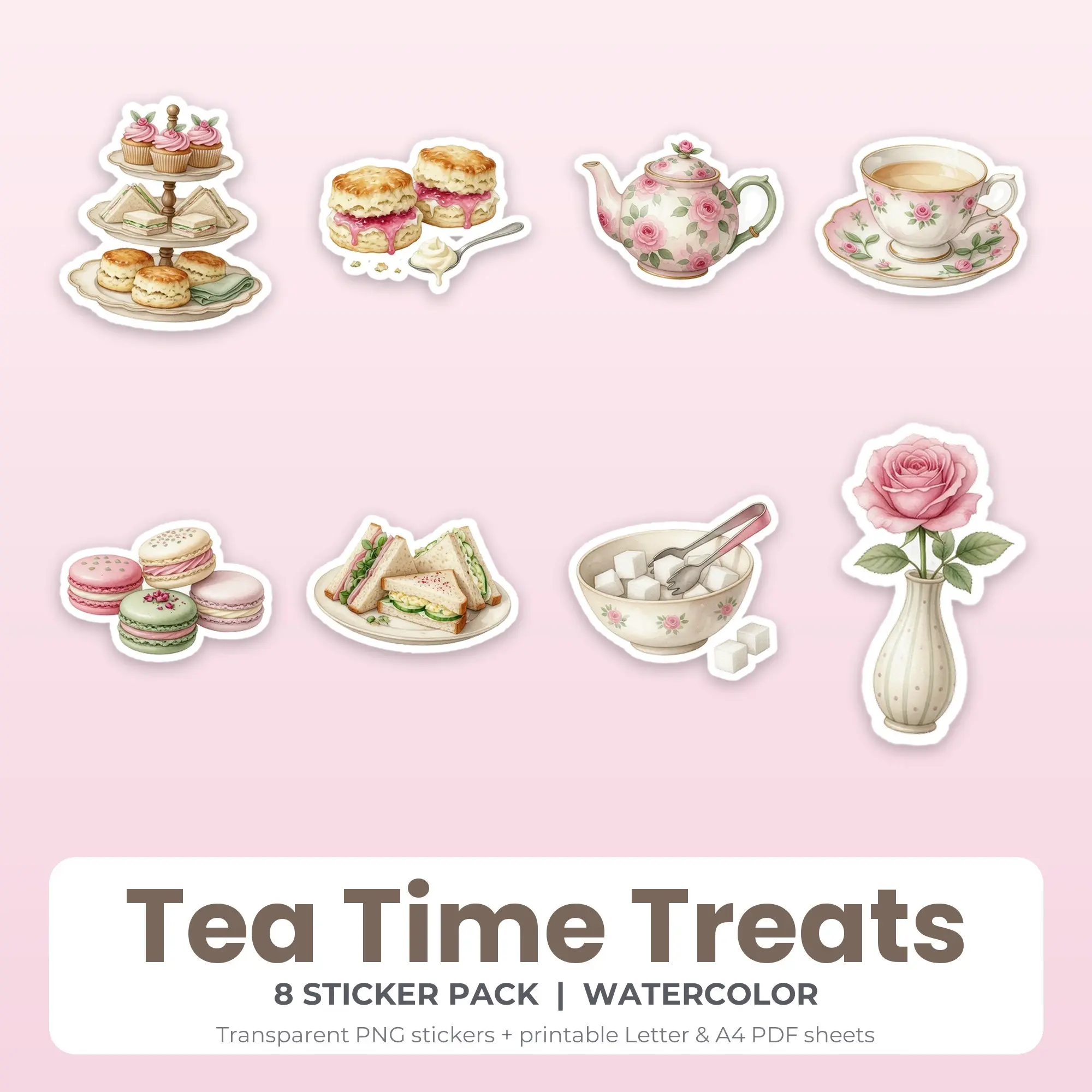8 Tea Time Treats Stickers - Printable Sticker Sheet PDF preview