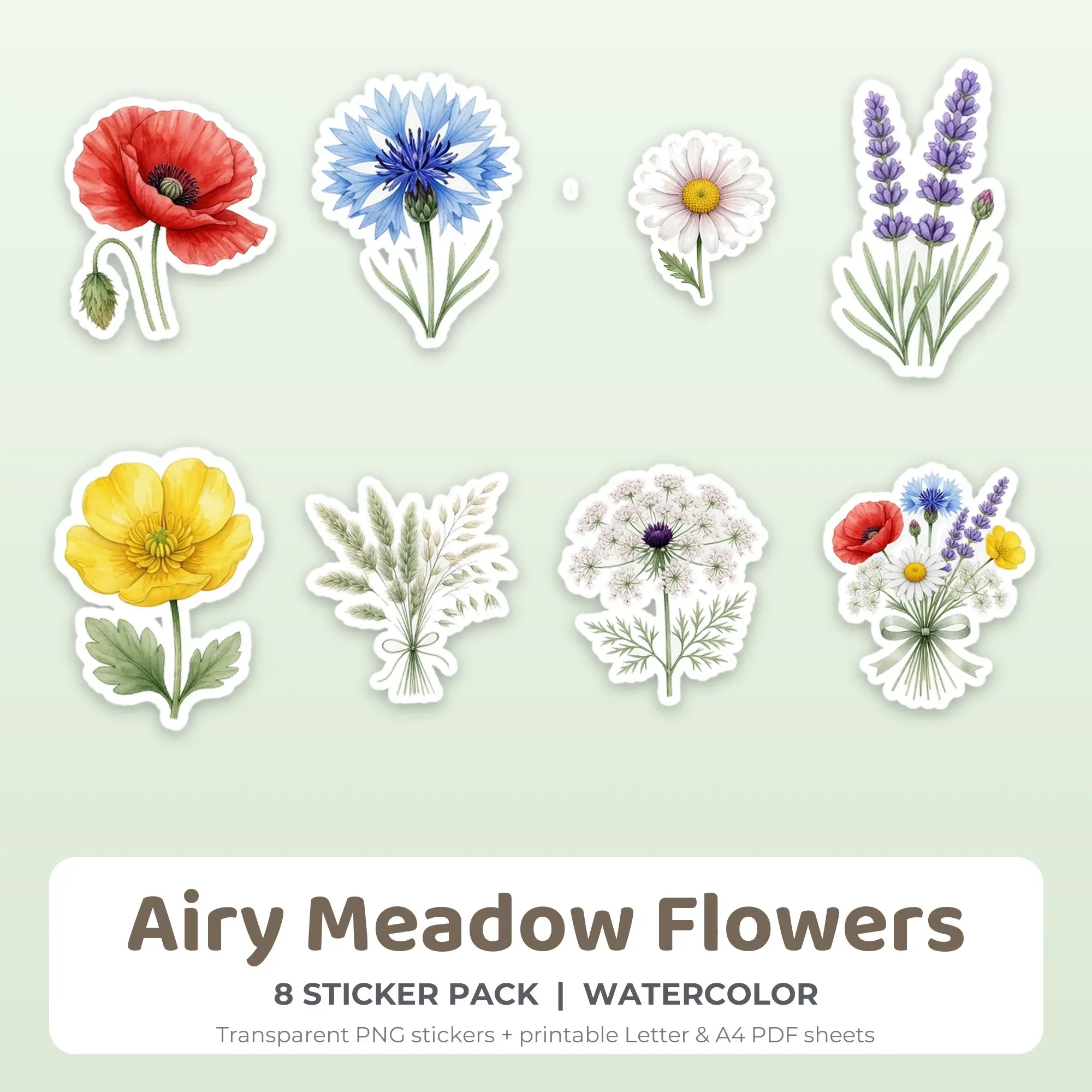 Watercolor Airy Meadow Flowers Sticker Set - 8 Printable PNG preview