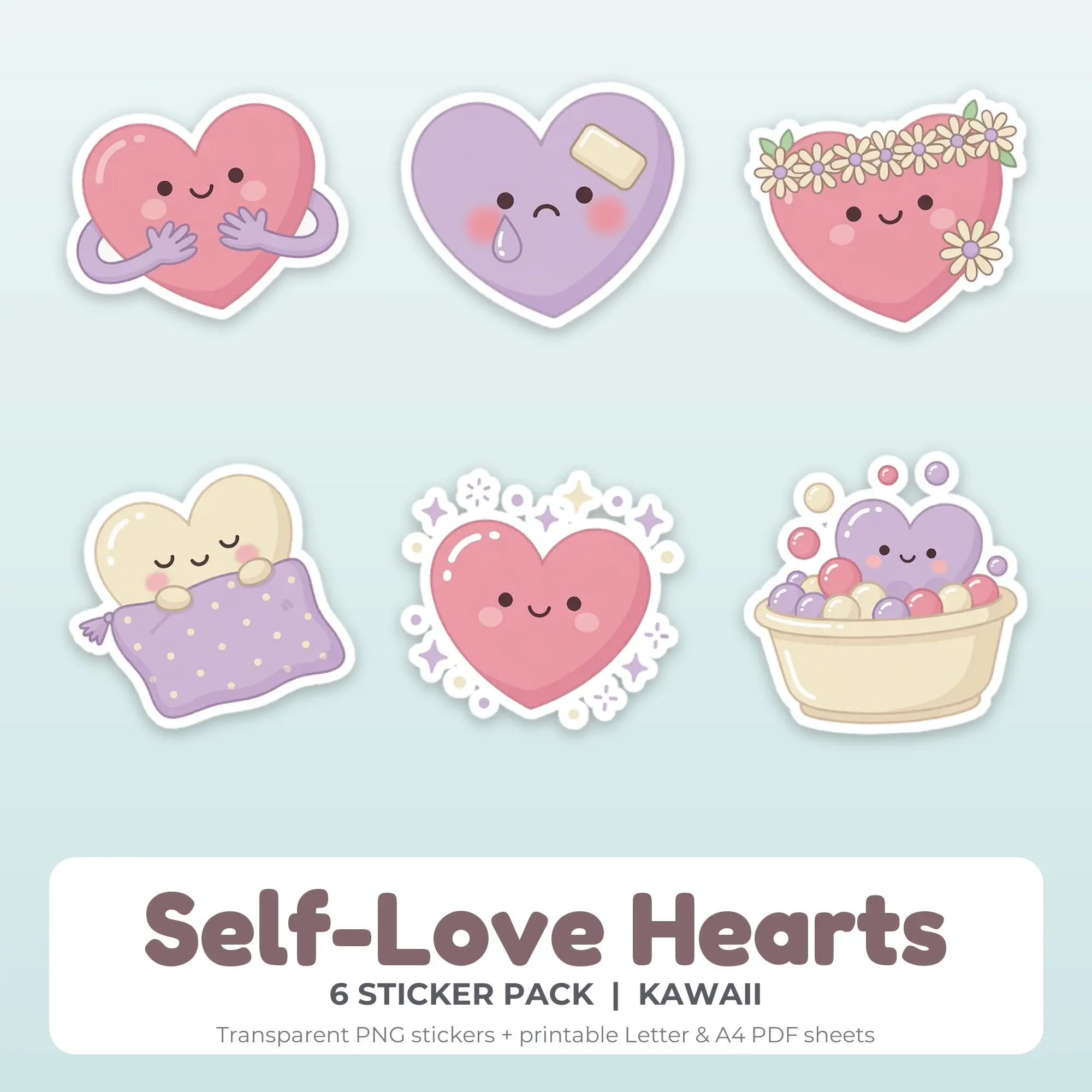 Self-Love Hearts Printable Stickers - 6 Die-Cut PNG + PDF preview