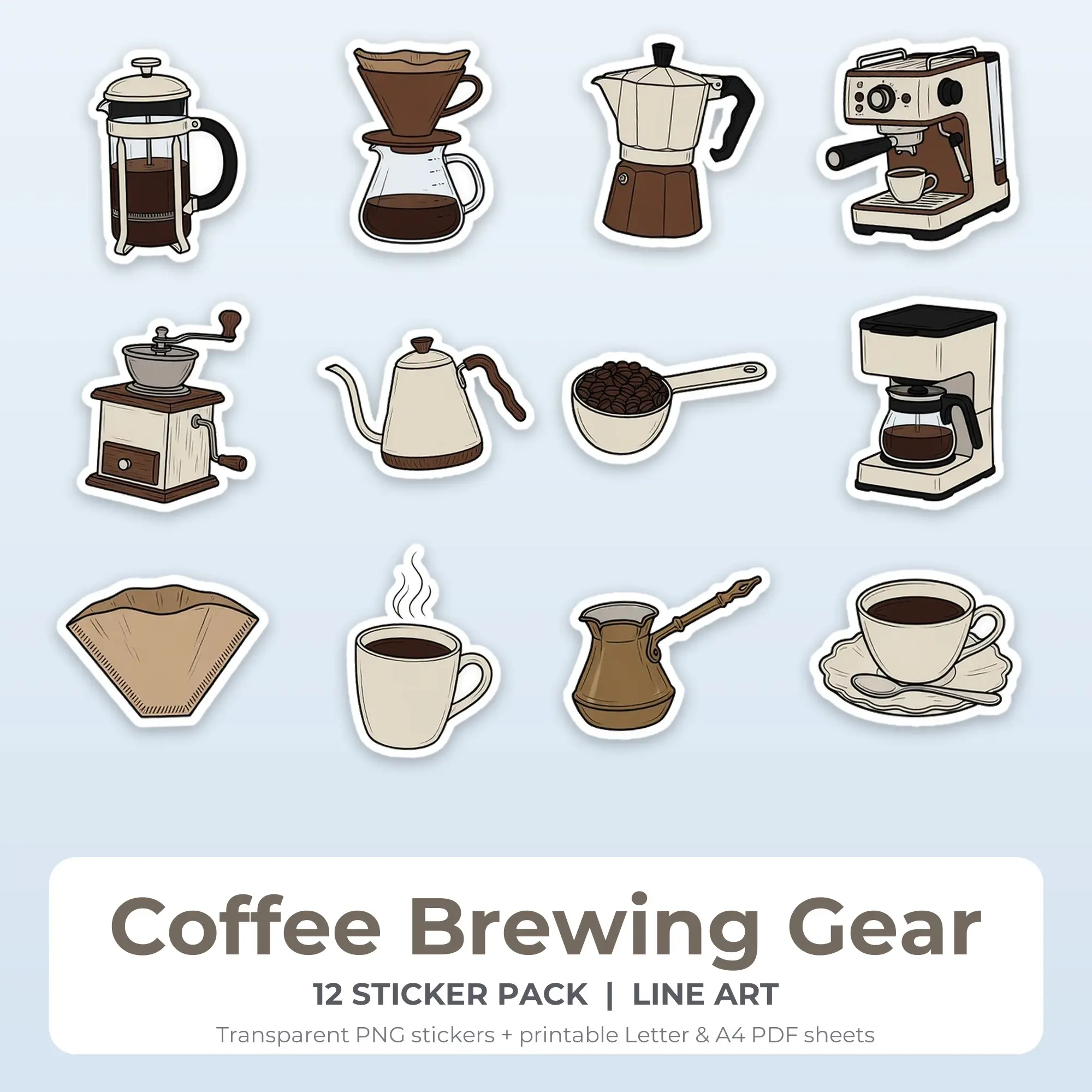 Printable Coffee Brewing Gear Sticker Pack, Line Art Style - 12 PNG preview