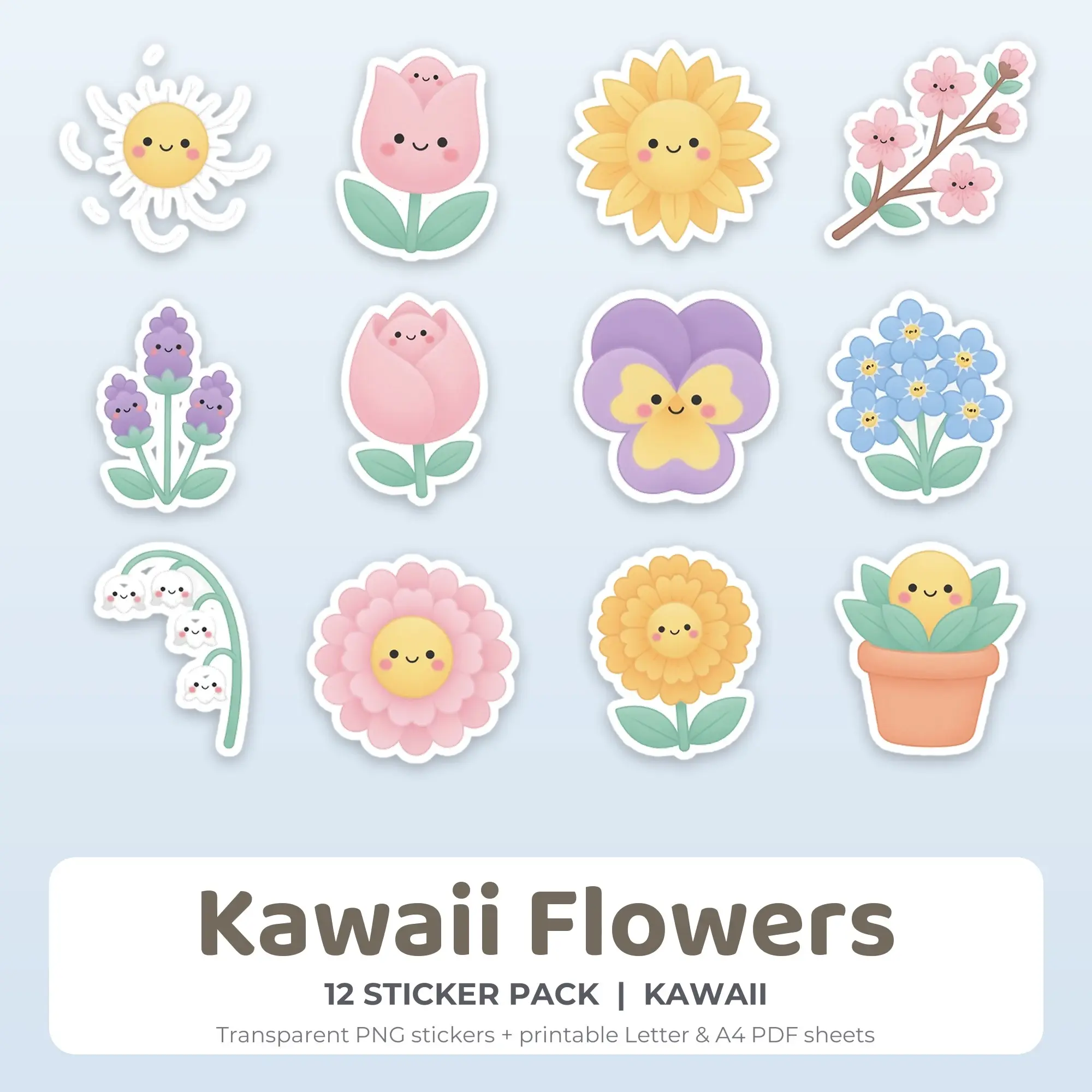 Kawaii Flowers Printable Stickers - 12 Die-Cut PNG + PDF preview