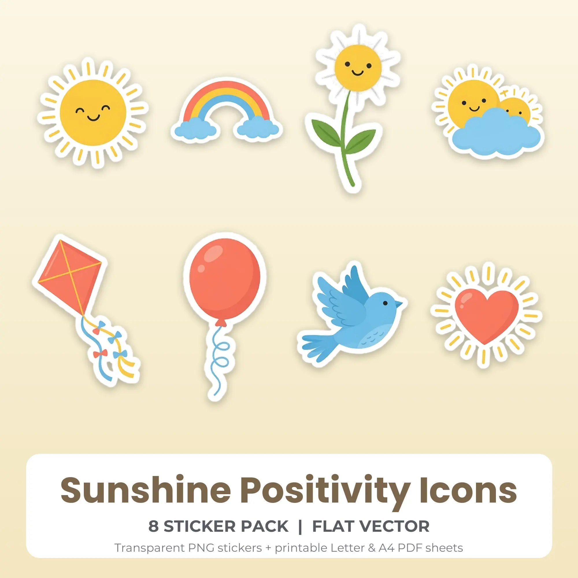 8 Sunshine Positivity Icons Stickers - Printable Sticker Sheet PDF preview