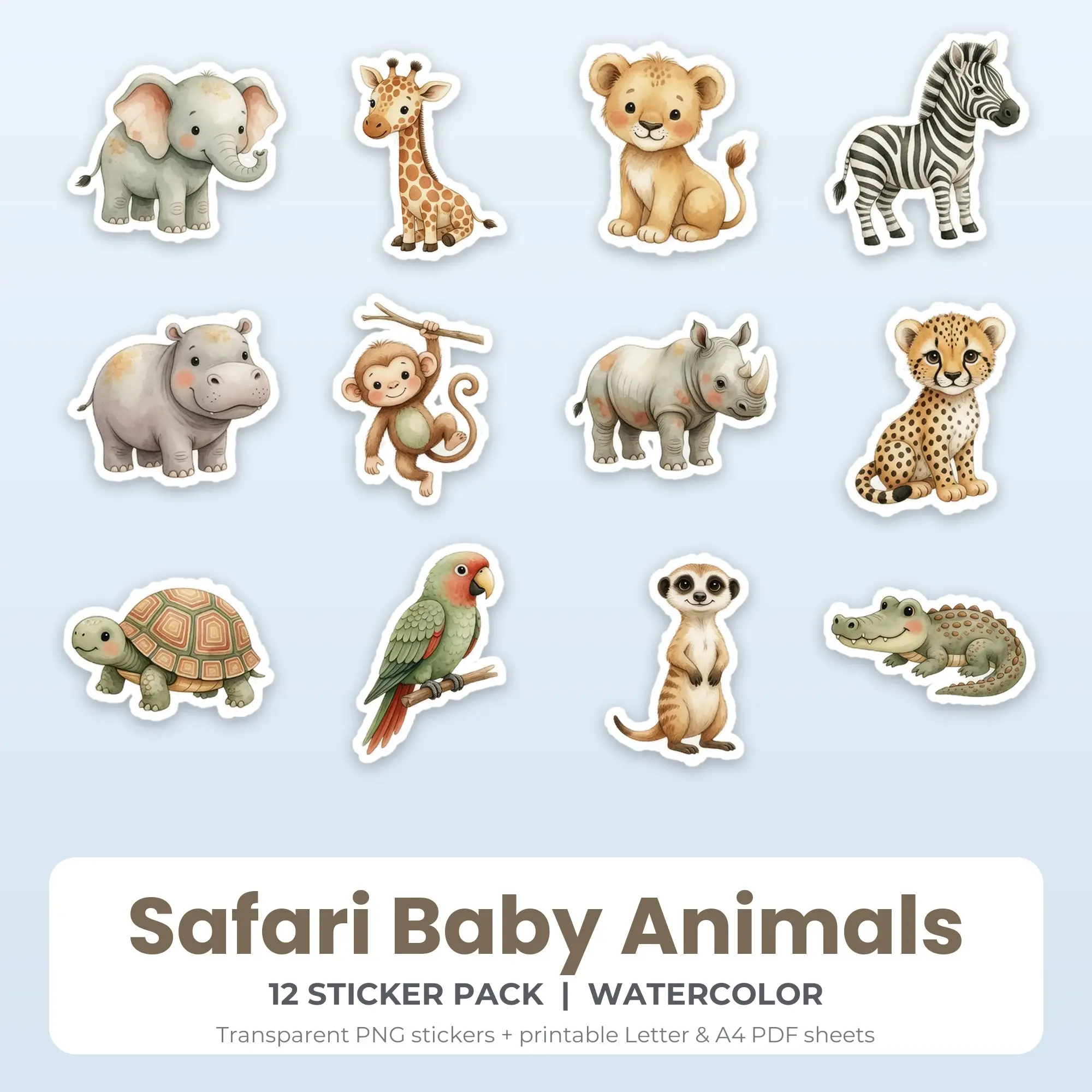 Printable Safari Baby Animals Sticker Pack, Watercolor Style - 12 PNG preview