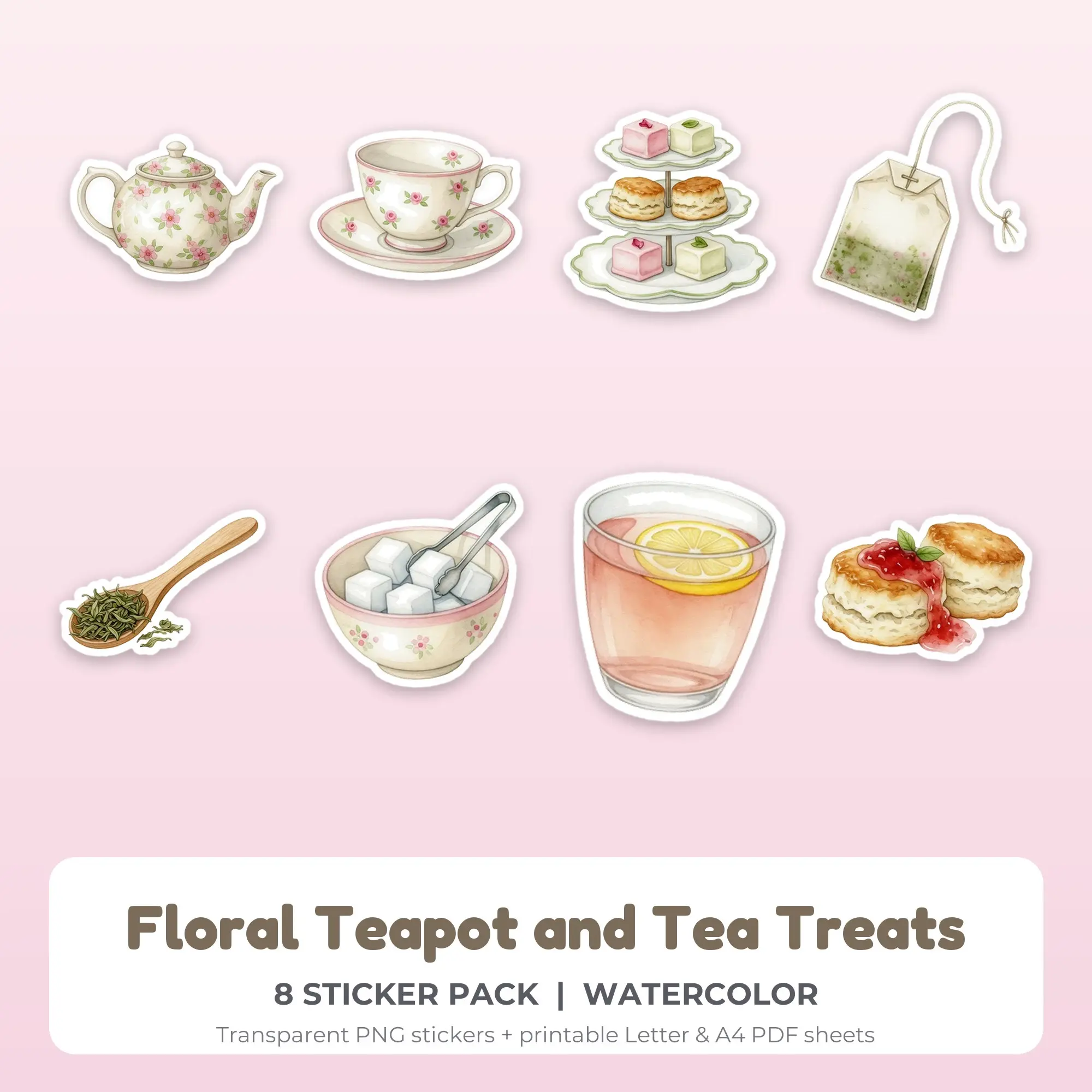 Floral Teapot and Tea Treats Sticker Pack - 8 Printable Stickers preview