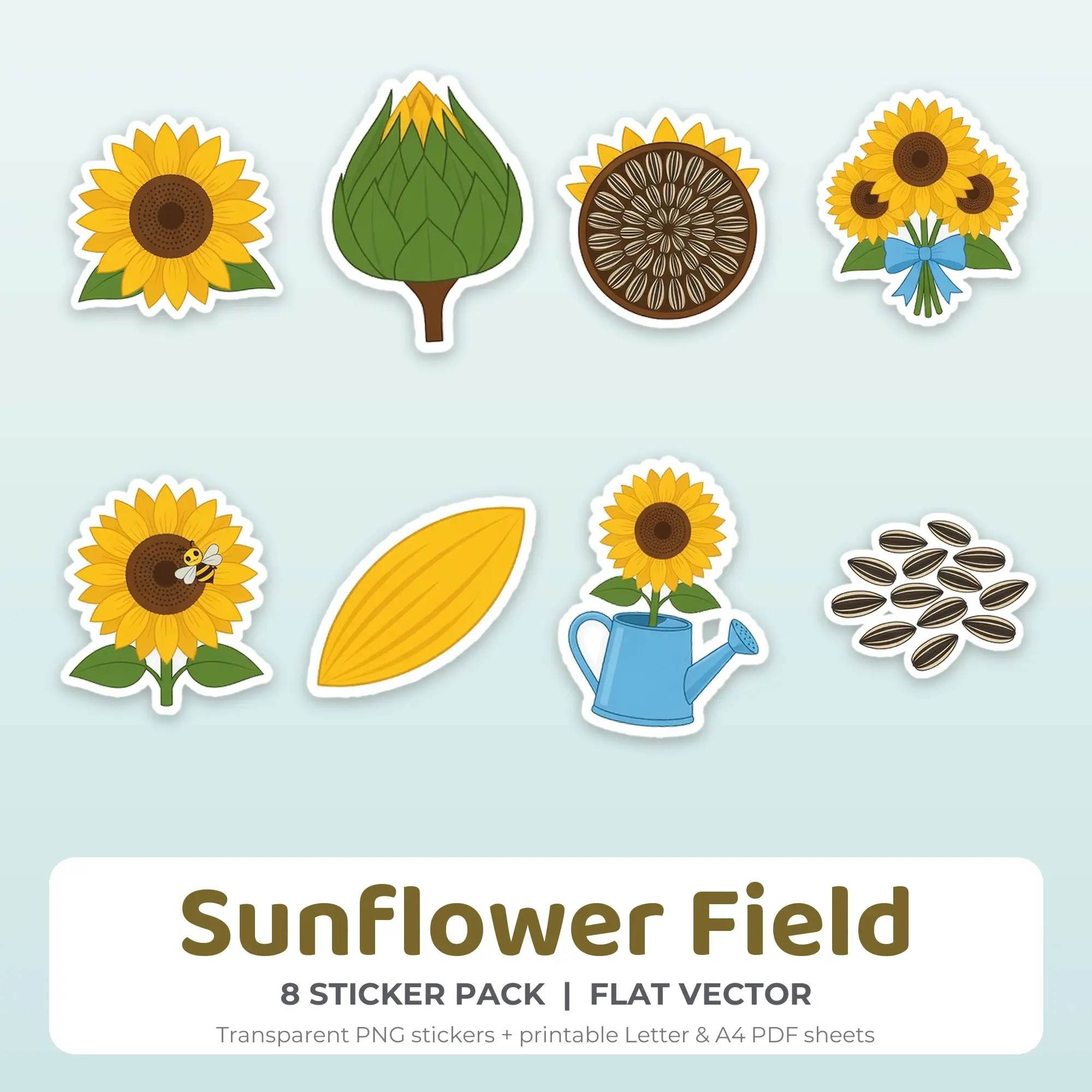 Flat Vector Sunflower Field Sticker Set - 8 Printable PNG preview