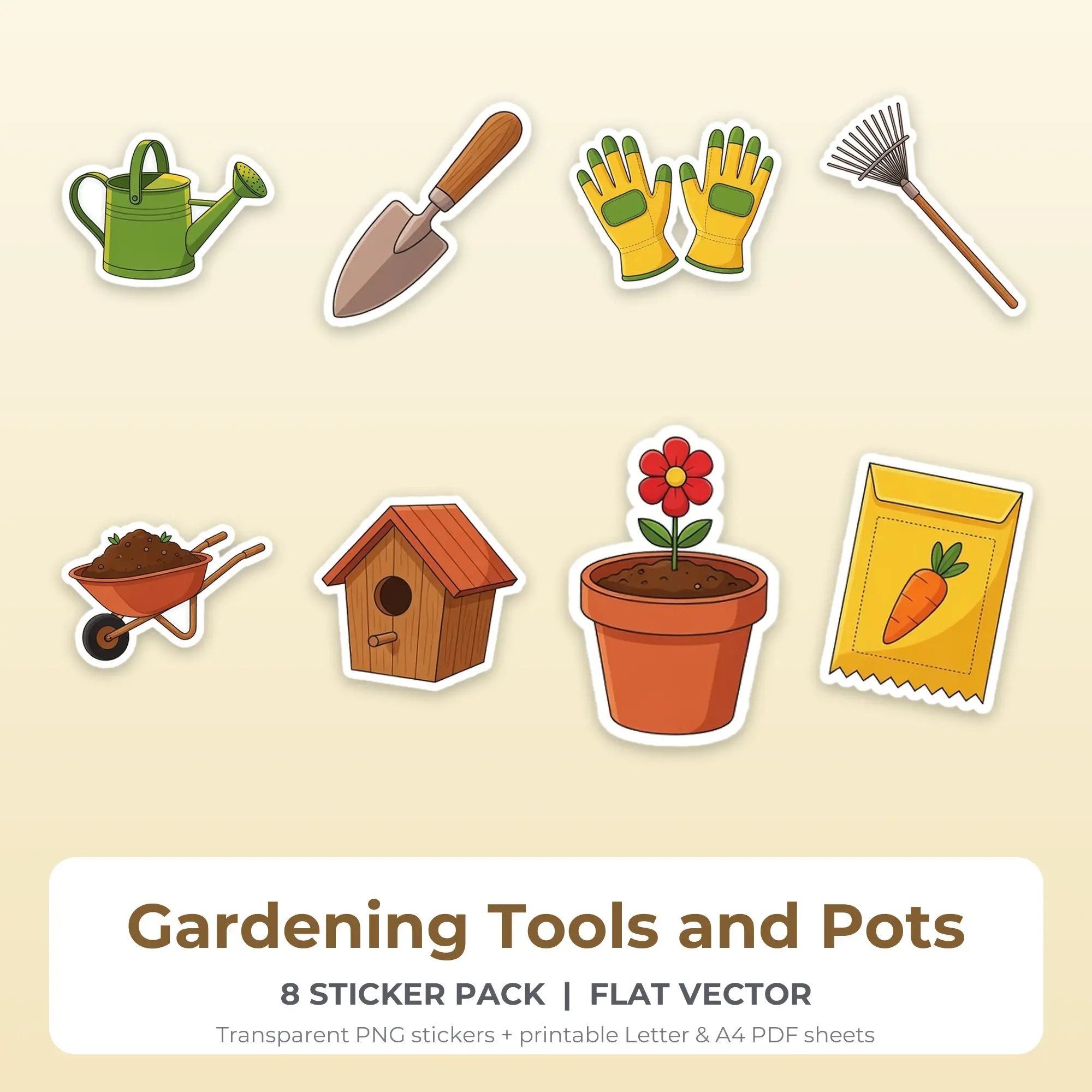 Gardening Tools and Pots Sticker Pack - 8 Printable Stickers preview