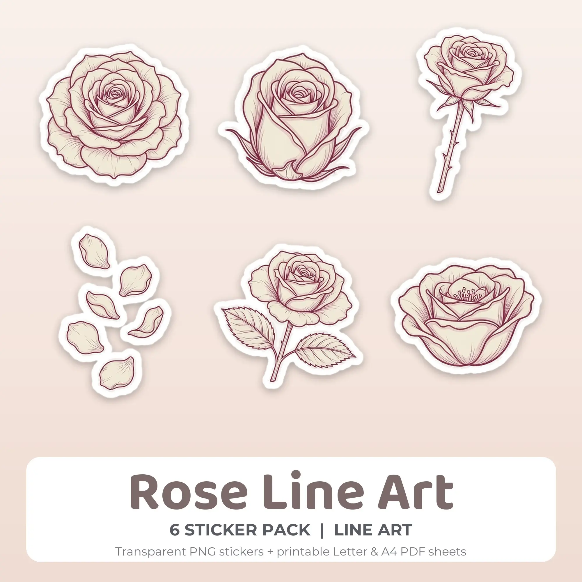 Rose Line Art Sticker Pack - 6 Printable Stickers preview