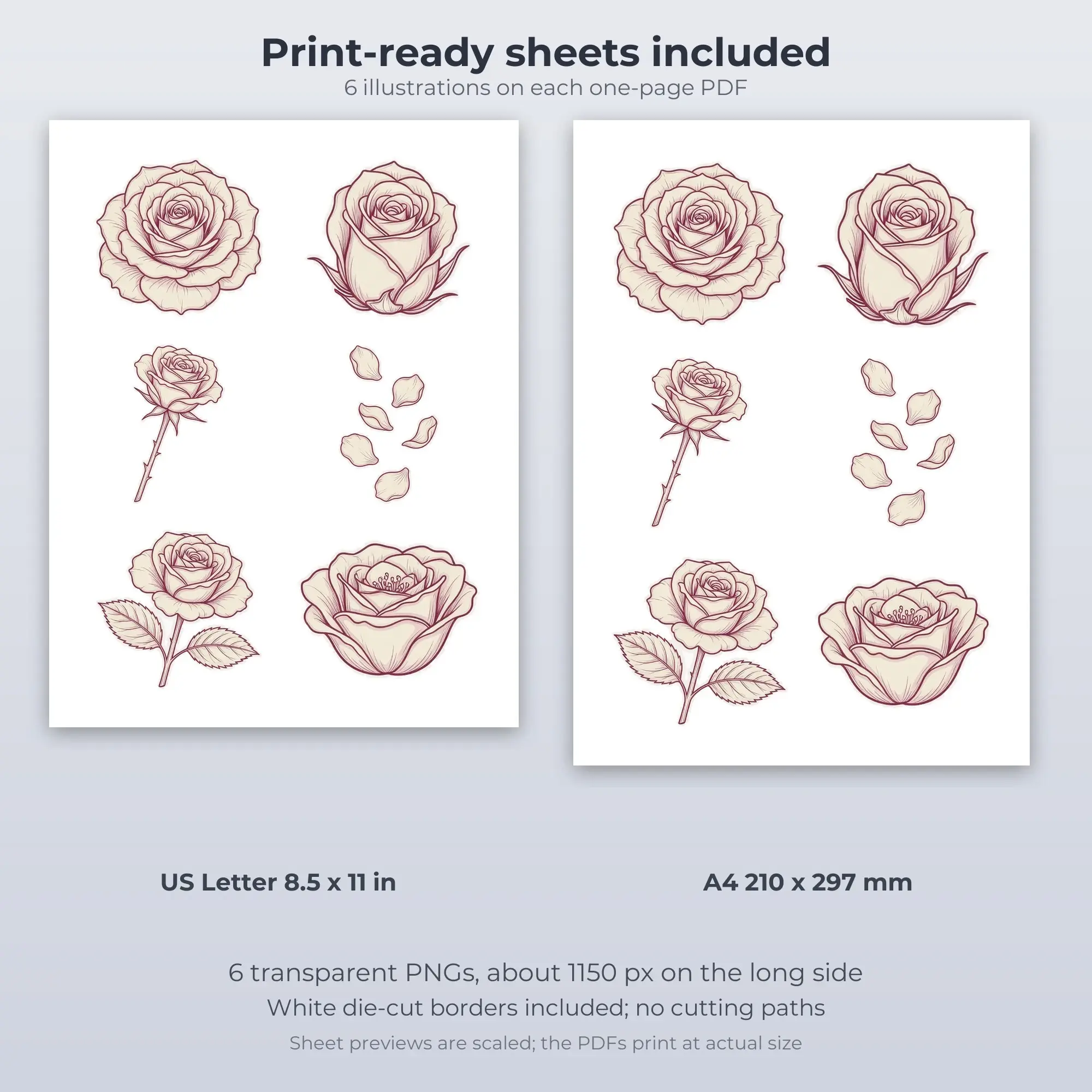Rose Line Art Sticker Pack - 6 Printable Stickers, preview 2 of 2