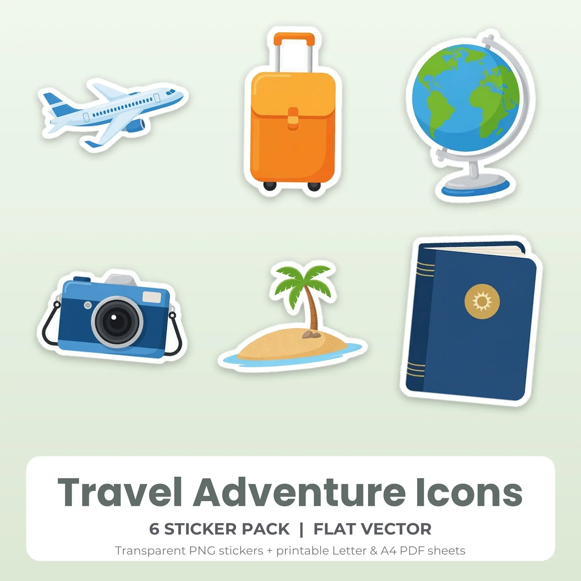 6 Travel Adventure Icons Stickers - Printable Sticker Sheet PDF preview