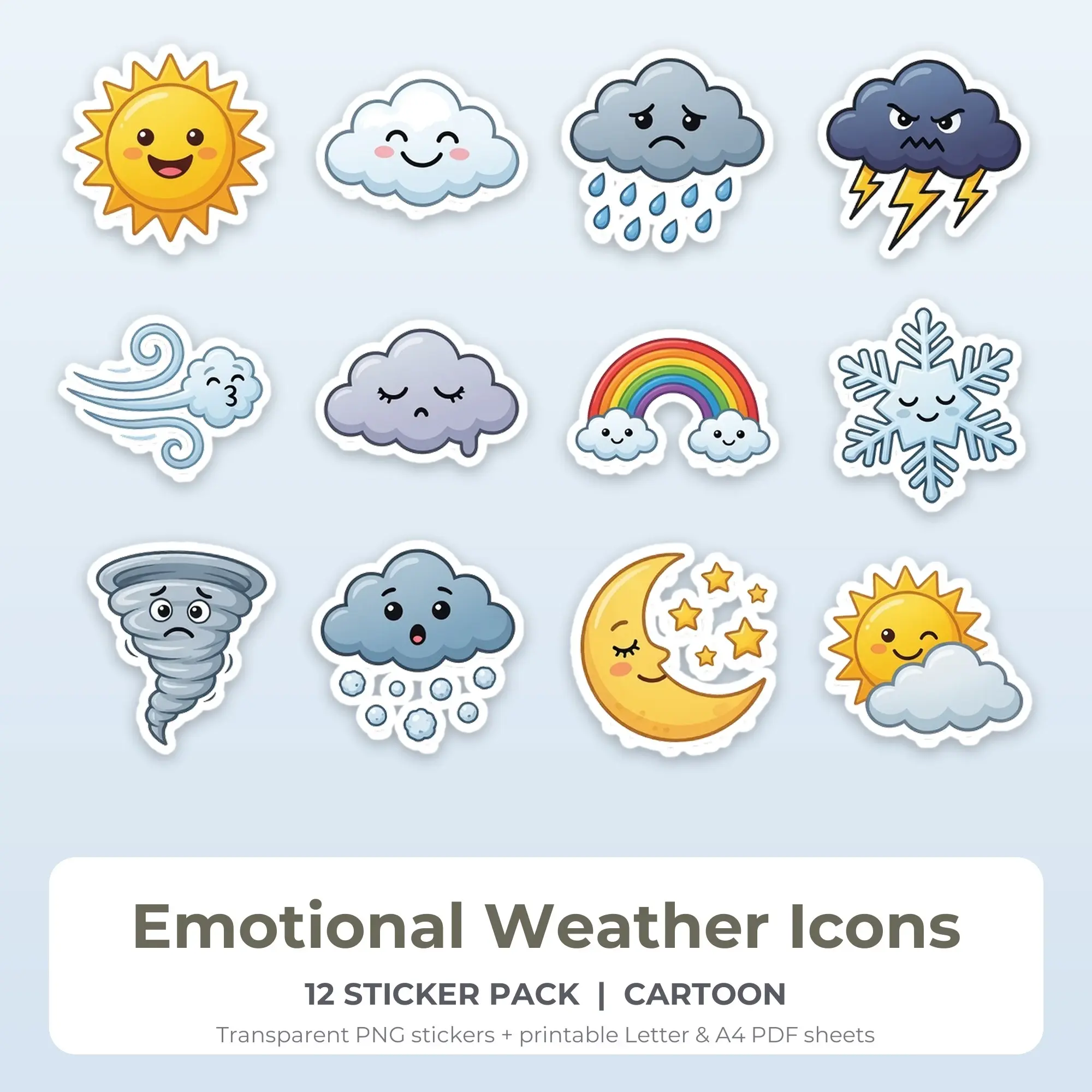 Emotional Weather Icons Sticker Pack - 12 Printable Stickers preview