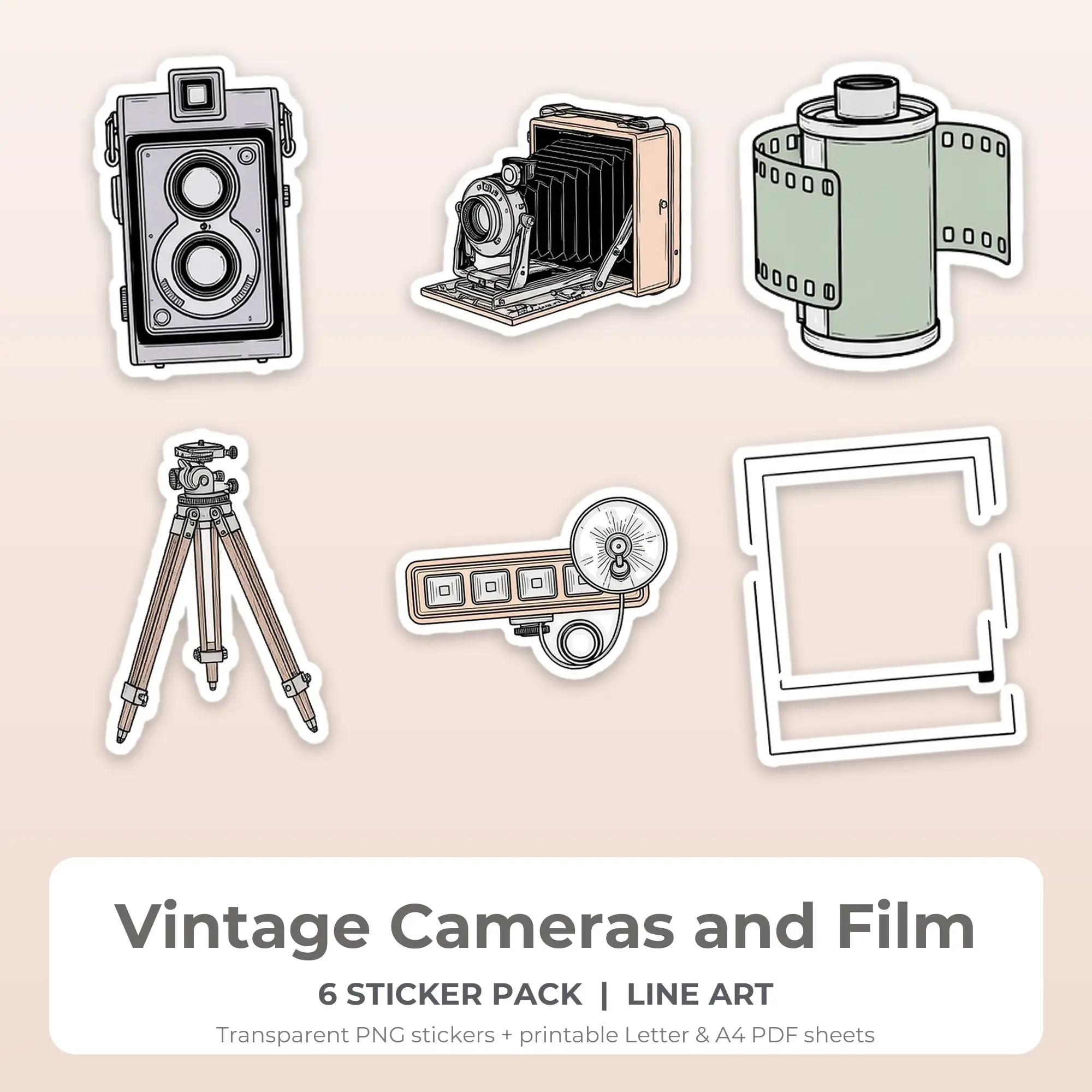 Vintage Cameras and Film Printable Stickers - 6 Die-Cut PNG + PDF preview
