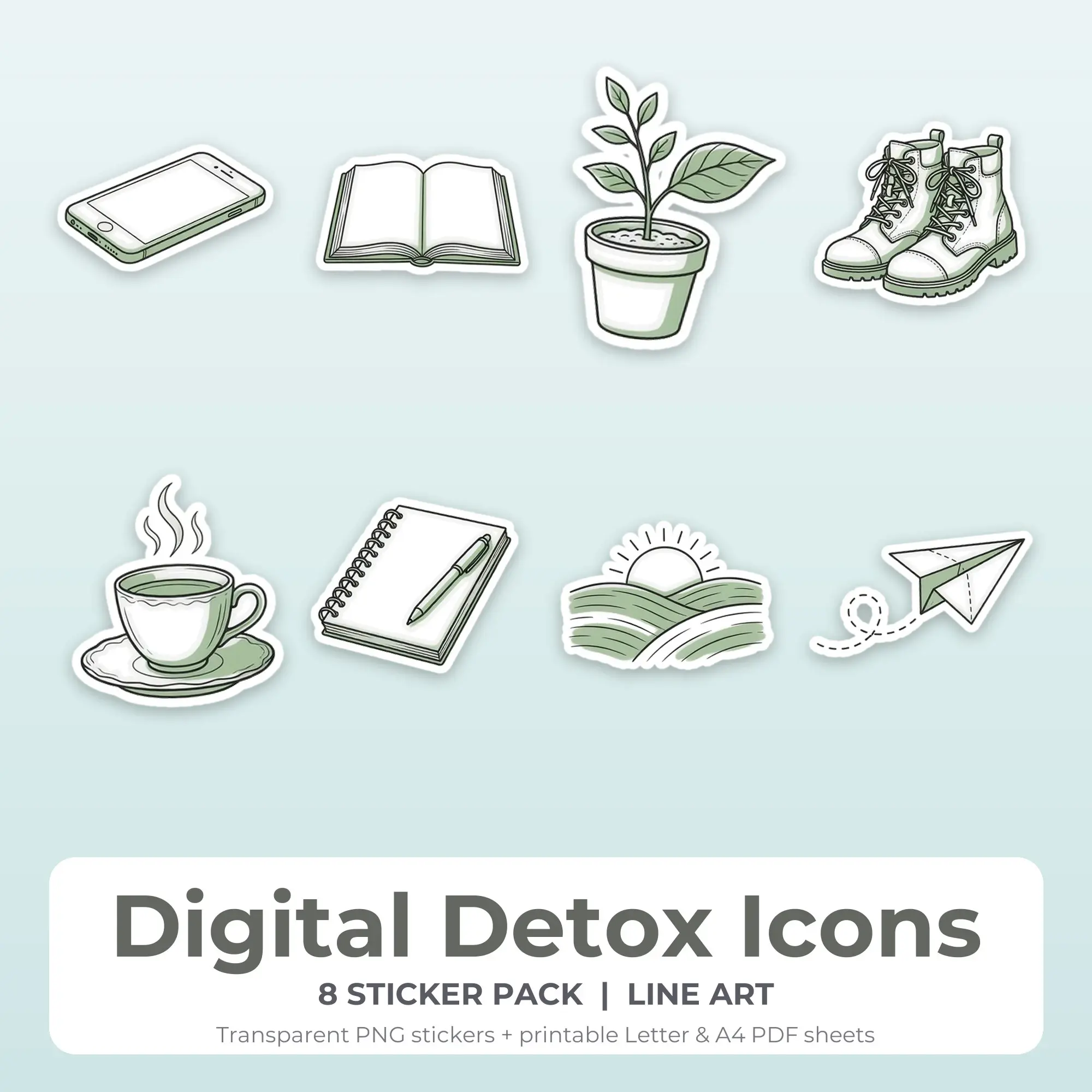 Digital Detox Icons Stickers, 8 PNG + Printable PDF Sheet preview