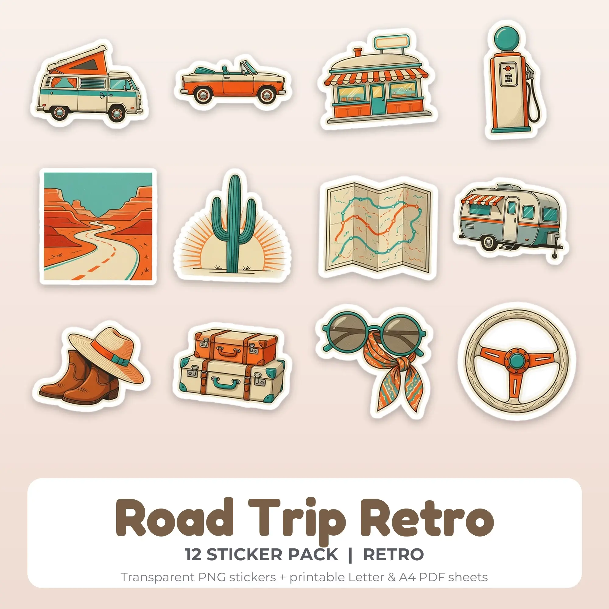 Printable Road Trip Retro Sticker Pack, Retro Style - 12 PNG preview