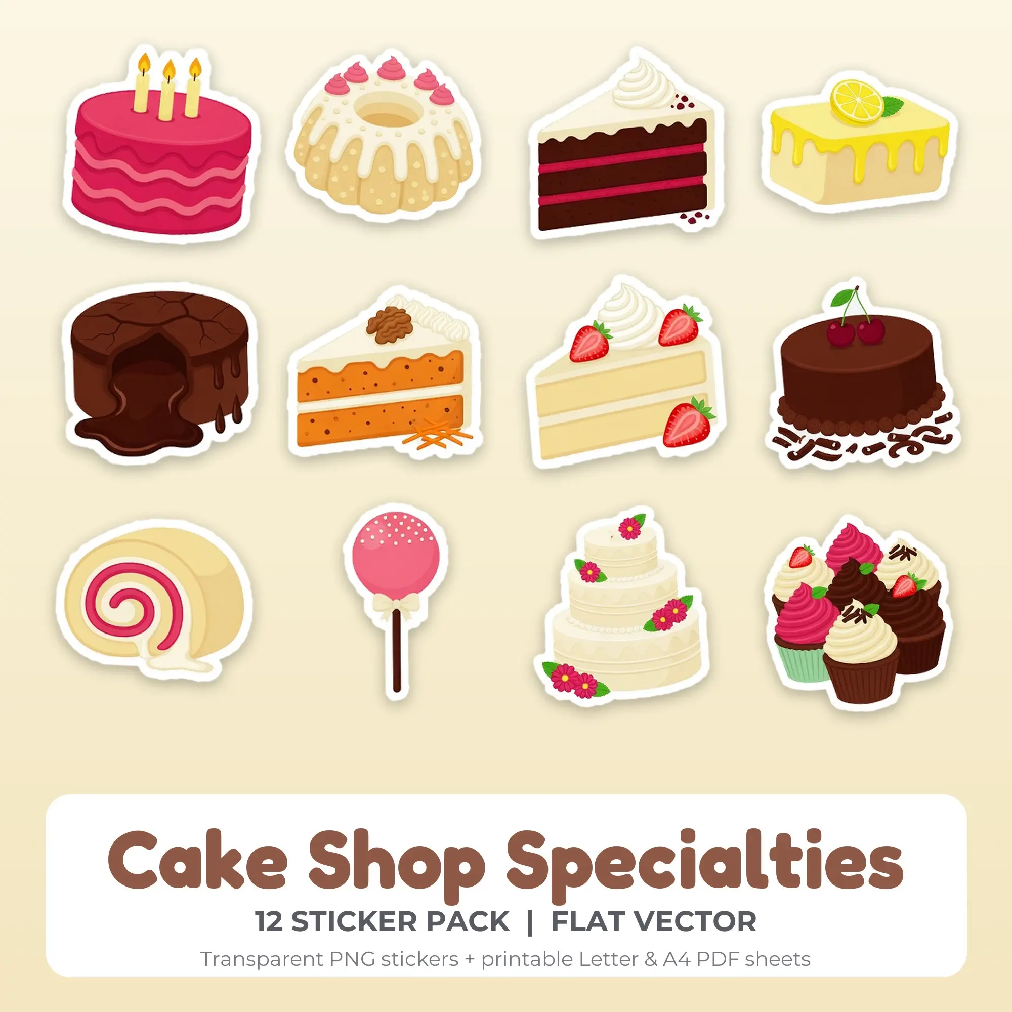Cake Shop Specialties Stickers, 12 PNG + Printable PDF Sheet, preview 1 of 2